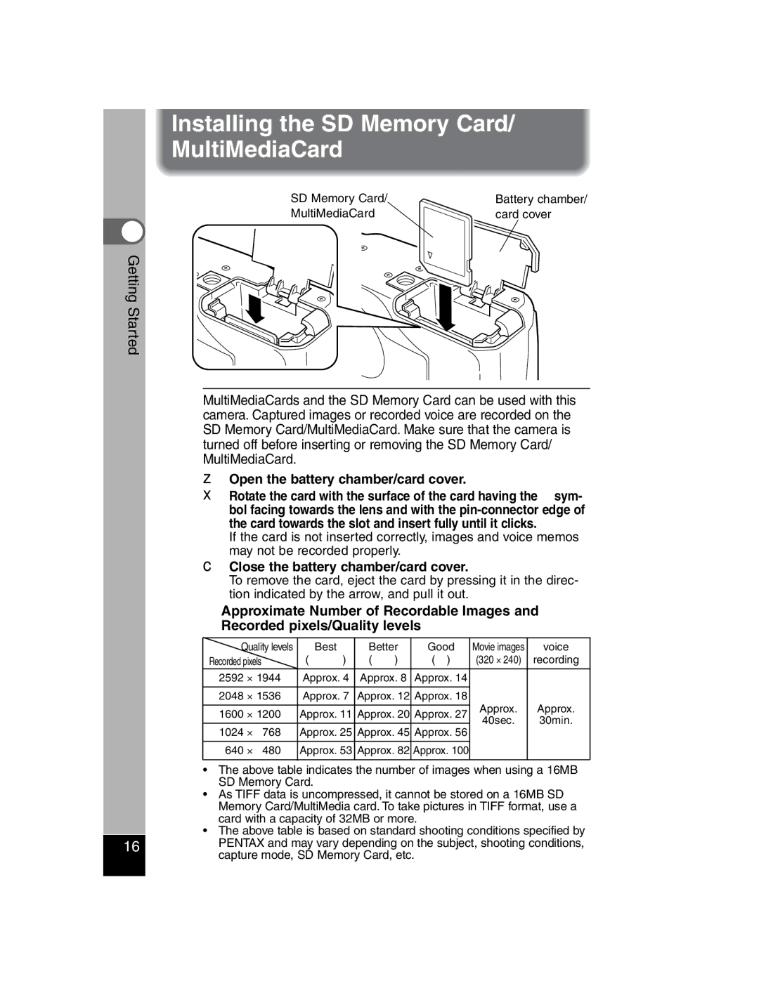 Pentax Optiio550 manual Installing the SD Memory Card/ MultiMediaCard, Open the battery chamber/card cover 