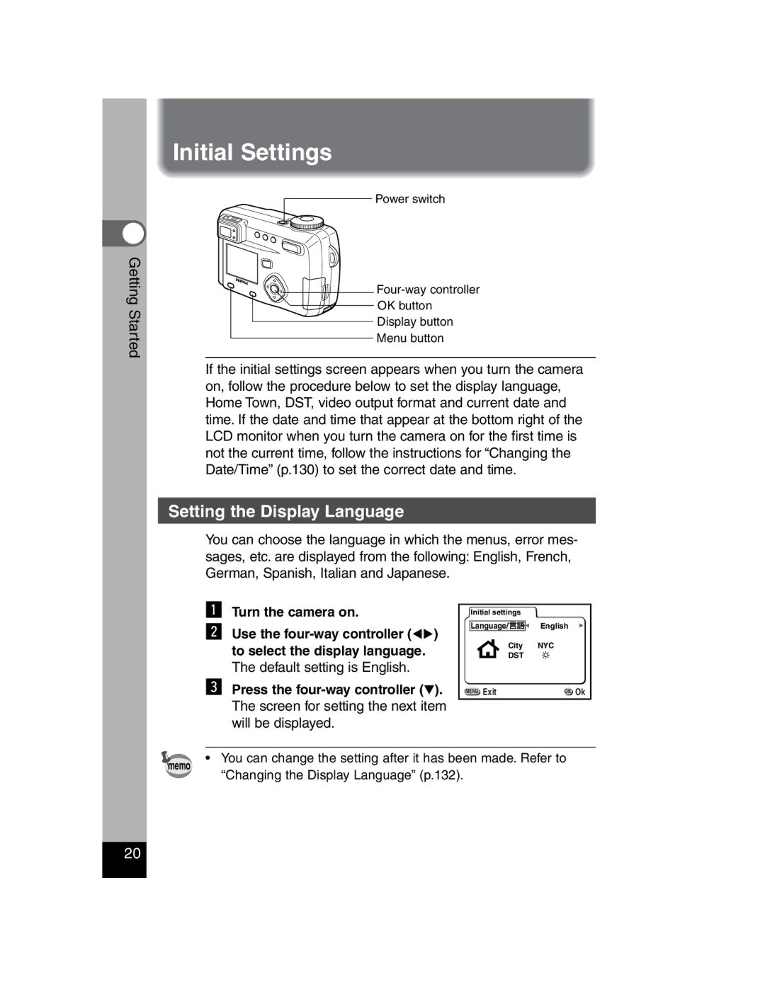 Pentax Optiio550 manual Initial Settings, Setting the Display Language 