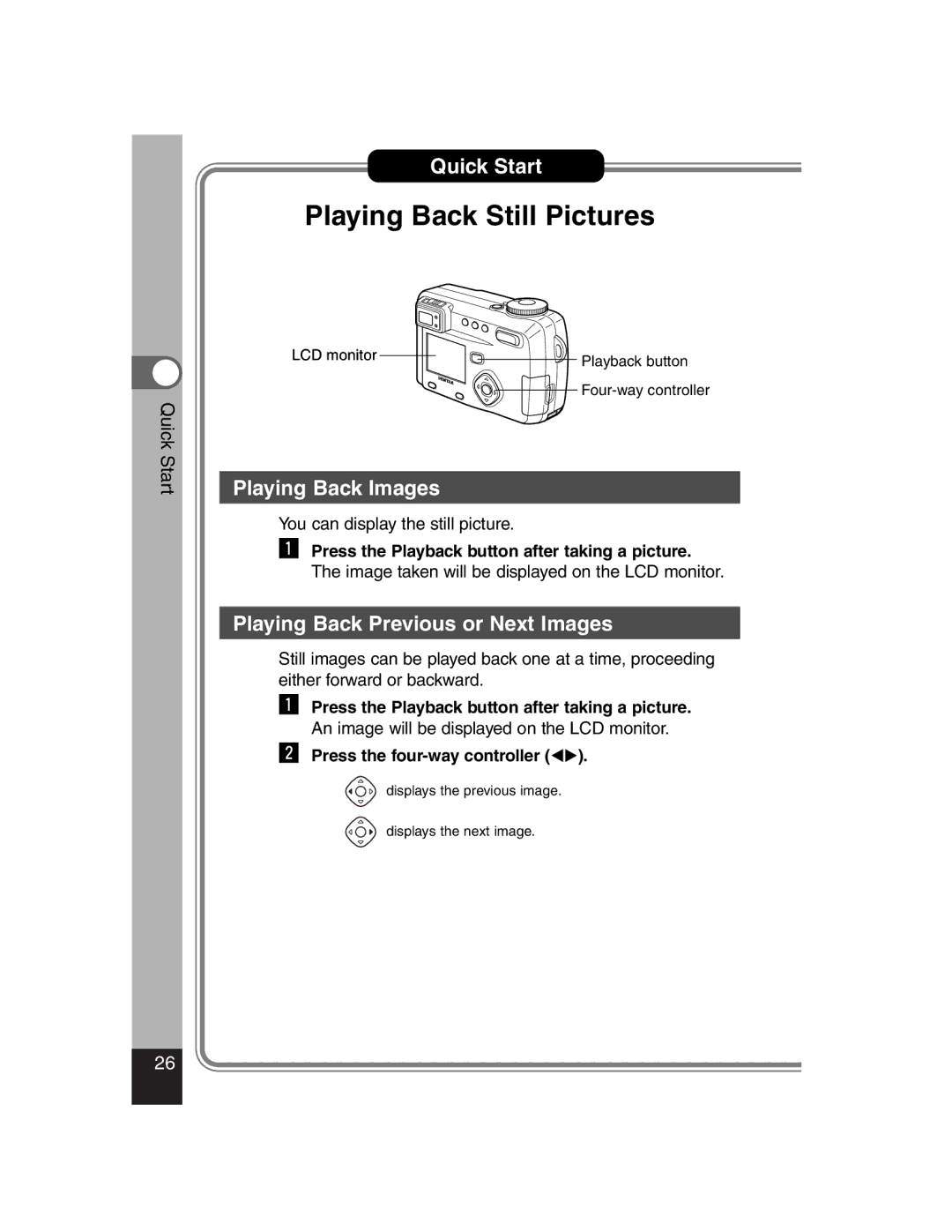 Pentax Optiio550 manual Playing Back Images, Playing Back Previous or Next Images 