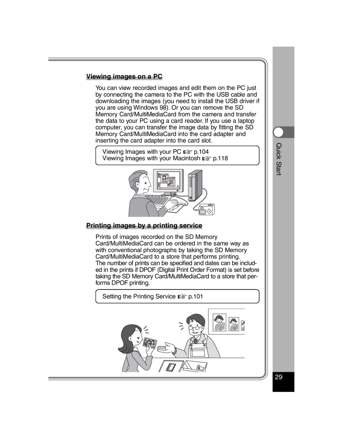 Pentax Optiio550 manual Viewing images on a PC, Printing images by a printing service 