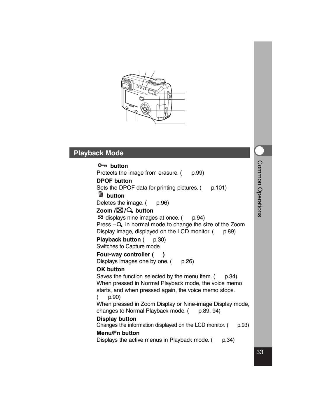 Pentax Optiio550 manual Playback Mode, Dpof button, Zoom / / button 