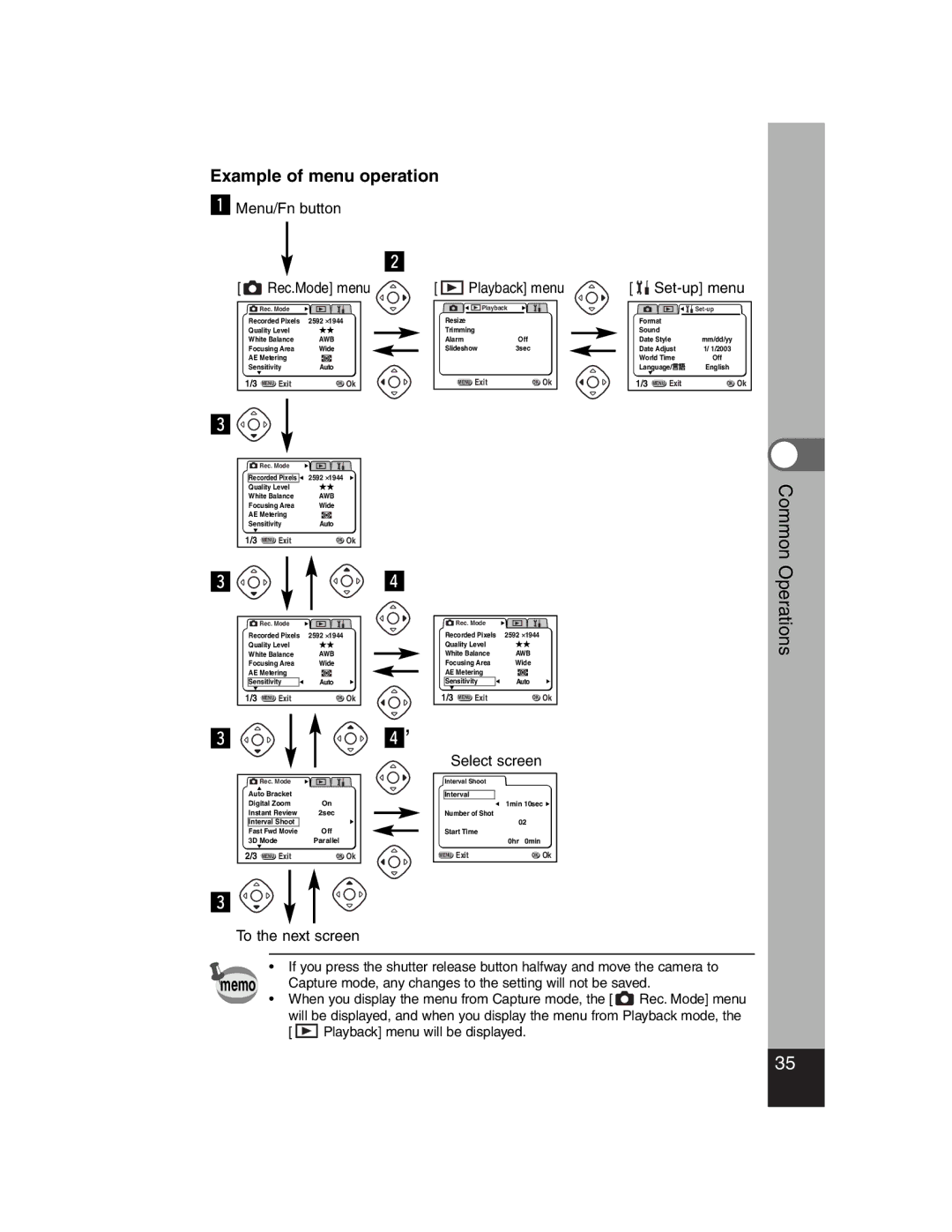 Pentax Optiio550 manual Memo, Example of menu operation 