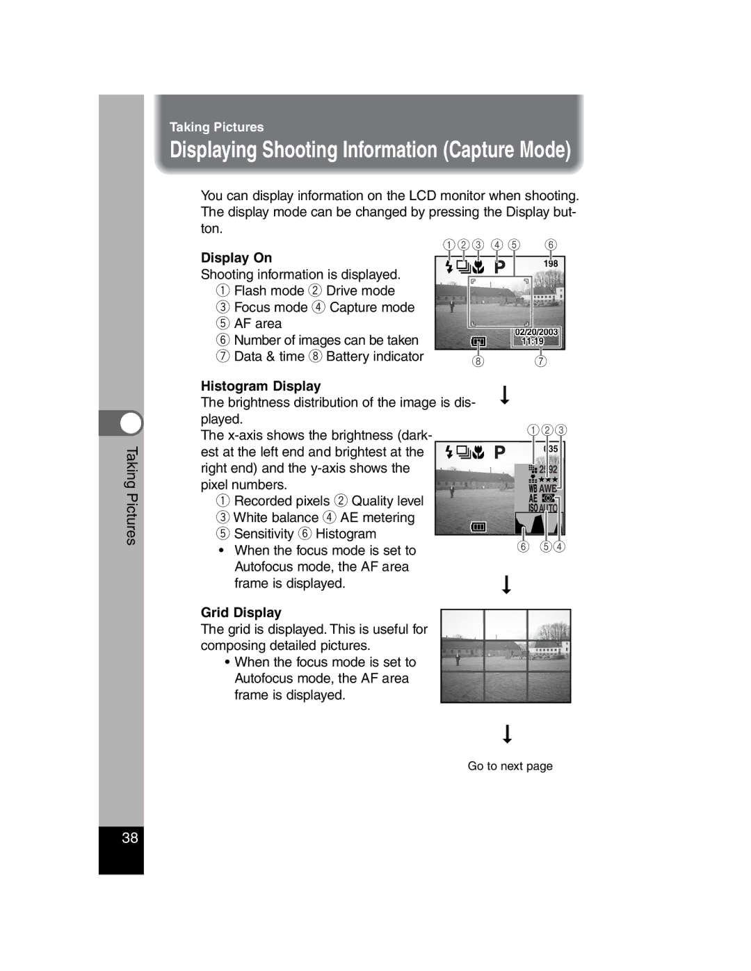 Pentax Optiio550 manual Display On, Histogram Display, Grid Display 