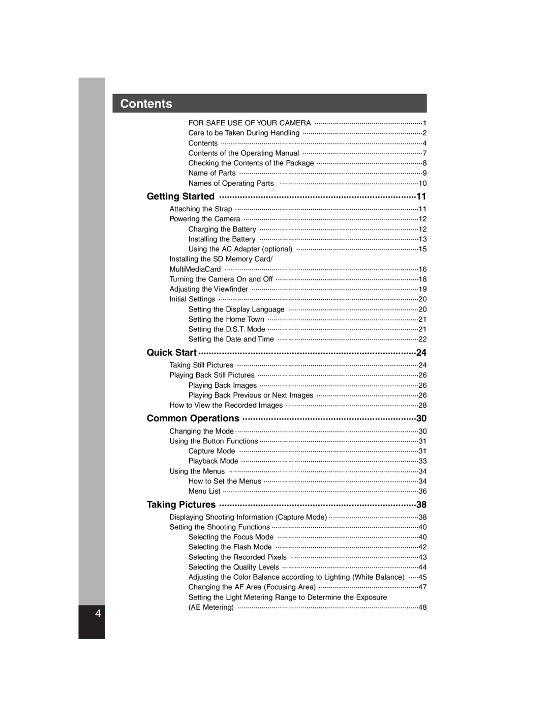 Pentax Optiio550 manual Contents 