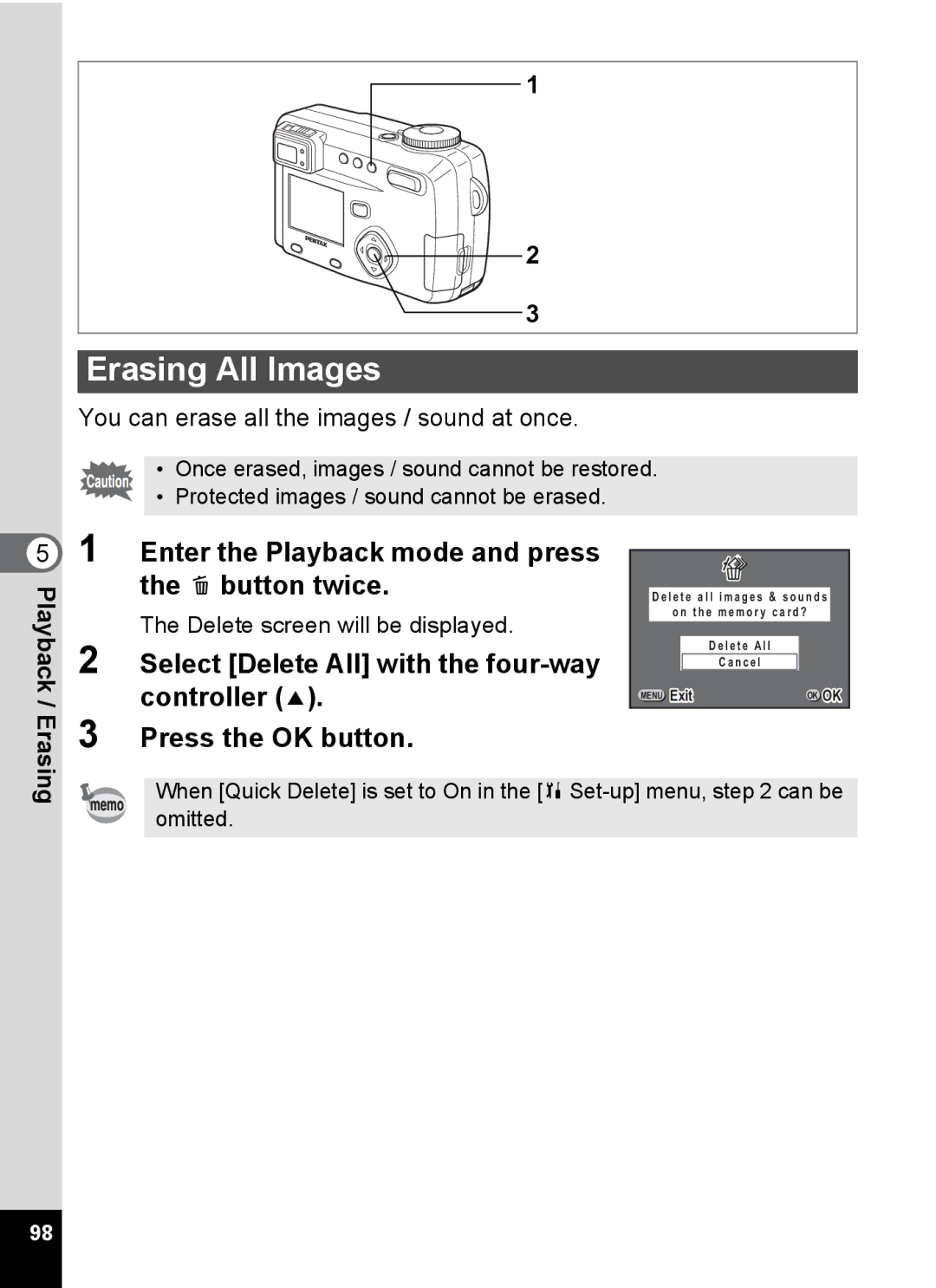 Pentax Optio 555 manual Erasing All Images, Enter the Playback mode and press the i button twice 