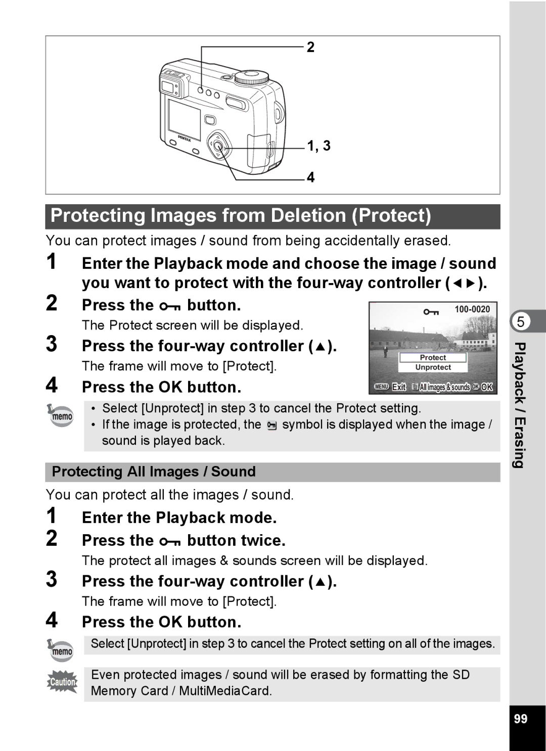 Pentax Optio 555 manual Protecting Images from Deletion Protect, Enter the Playback mode Press the Z button twice, Erasing 