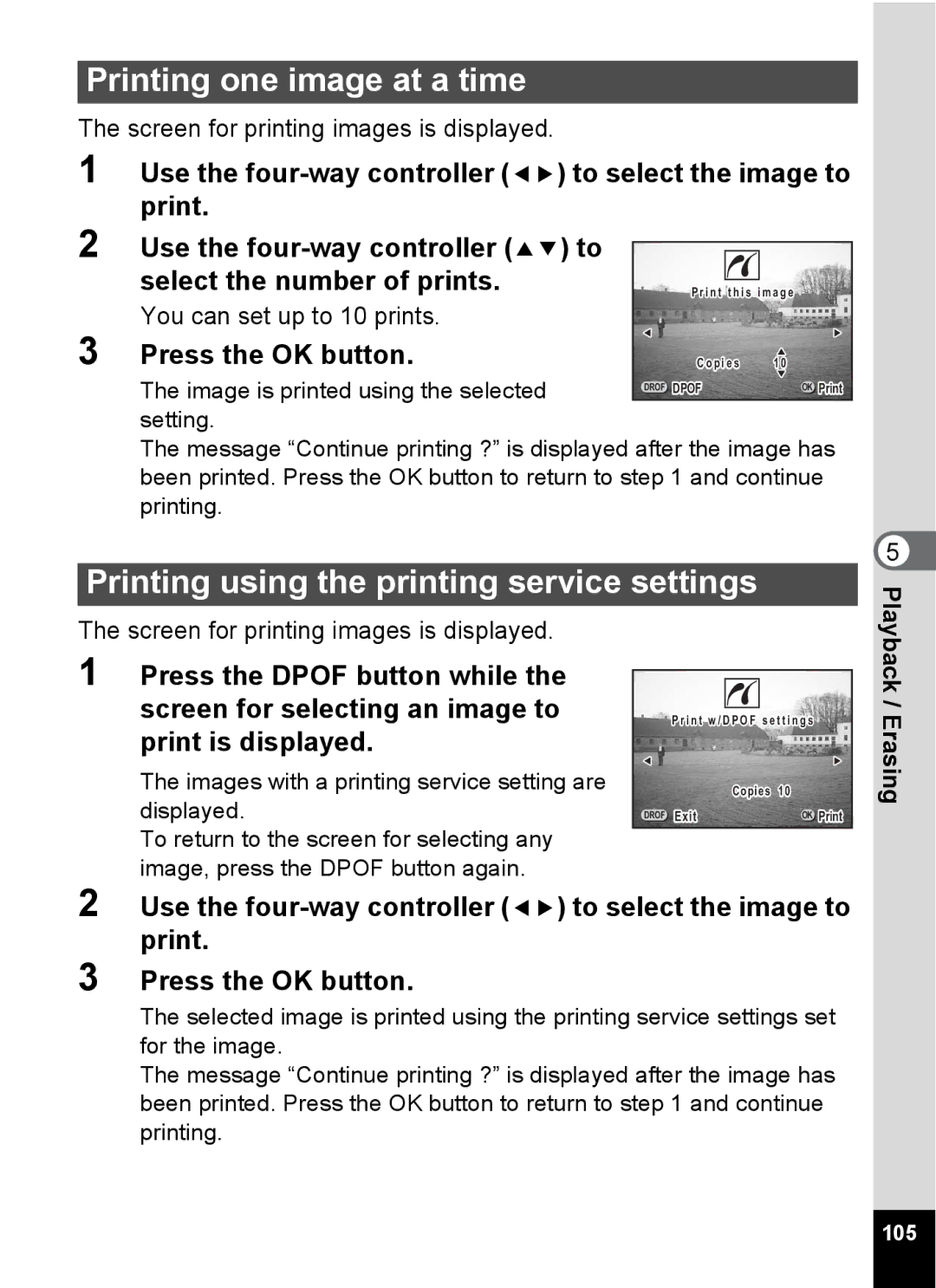 Pentax Optio 555 manual Printing one image at a time, Printing using the printing service settings, 105 