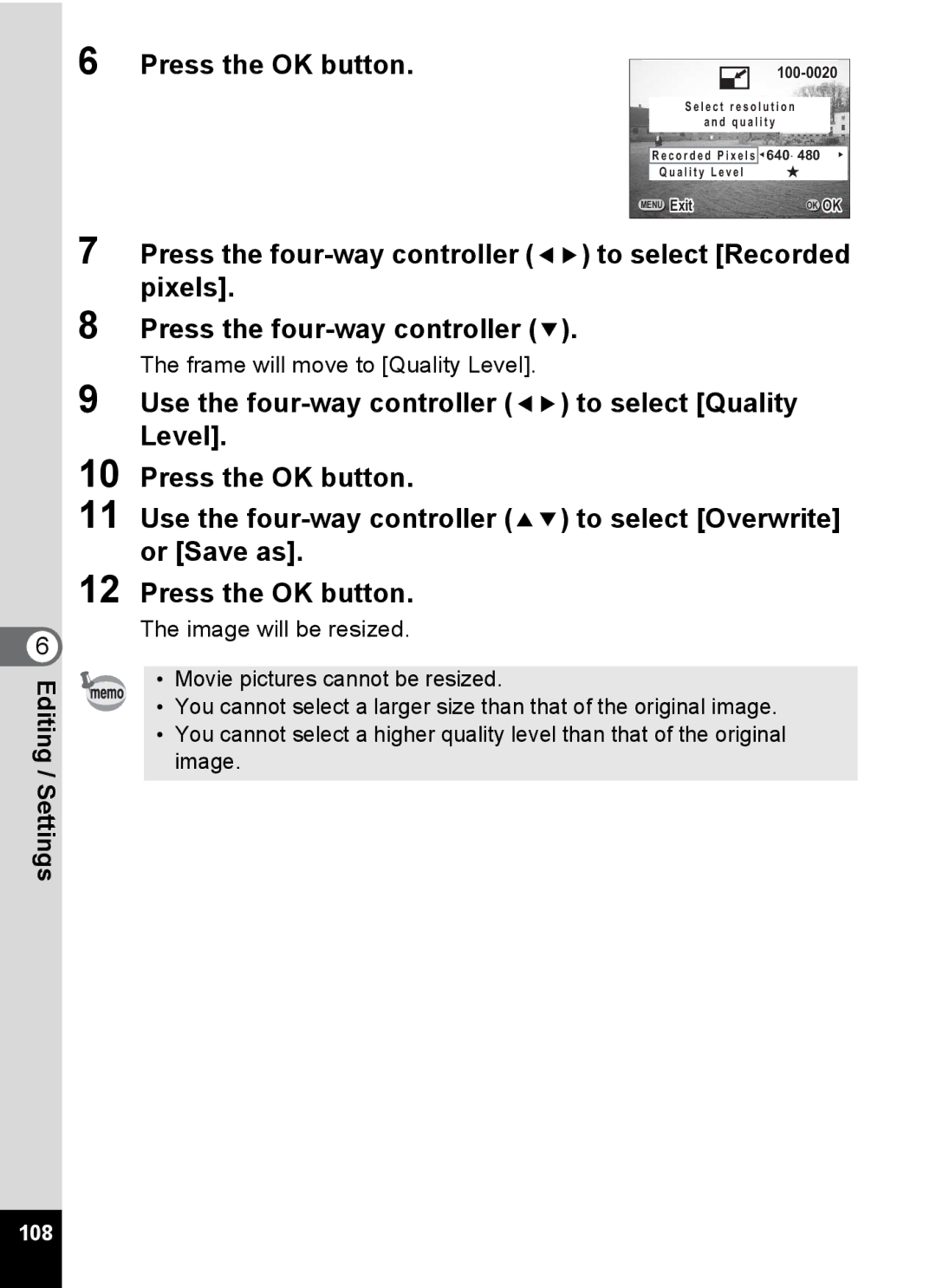 Pentax Optio 555 manual Press the four-way controller 45 to select Recorded pixels, 108 