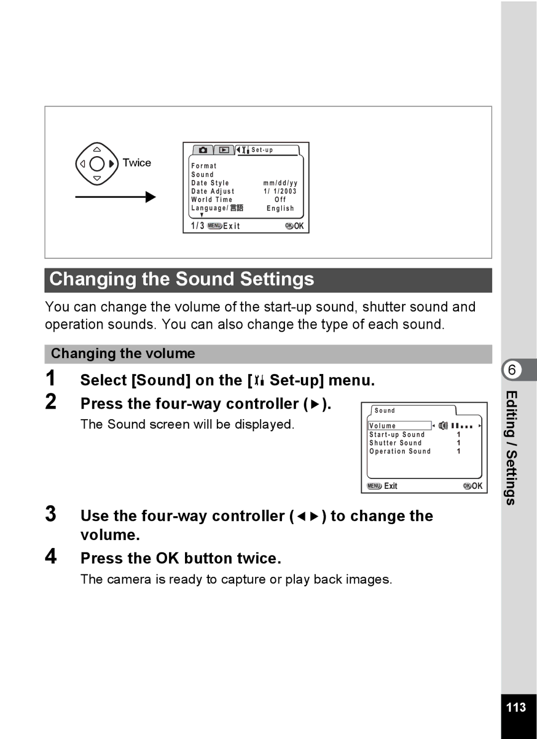 Pentax Optio 555 manual Changing the Sound Settings, Changing the volume, 113 