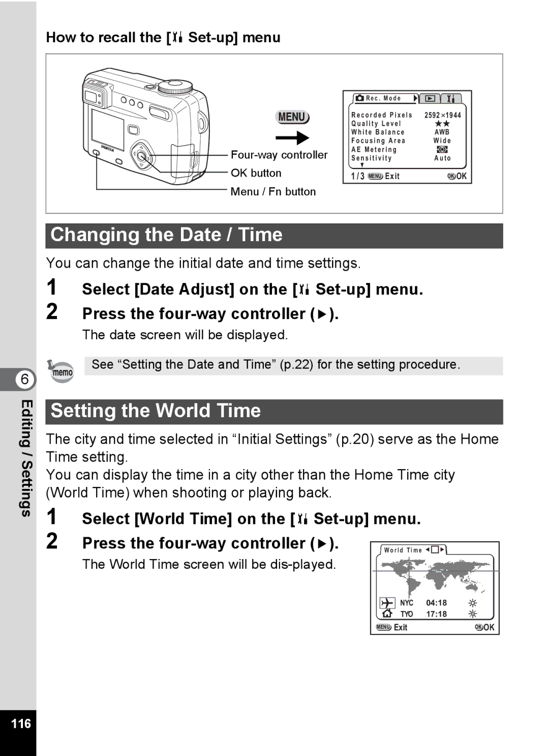 Pentax Optio 555 manual Changing the Date / Time, Setting the World Time, How to recall the B Set-up menu, 116 