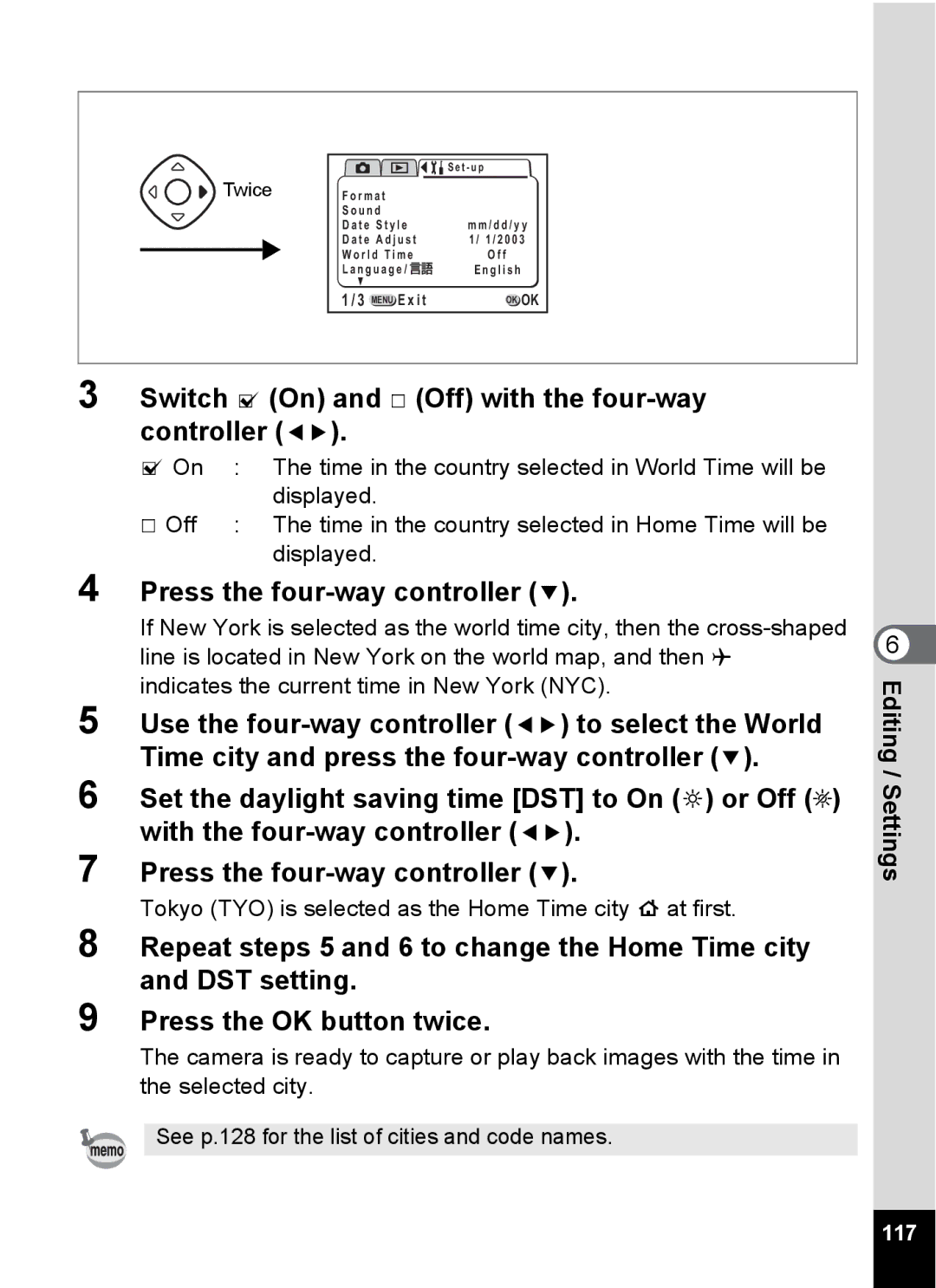 Pentax Optio 555 manual Switch O On and P Off with the four-way controller, 117 