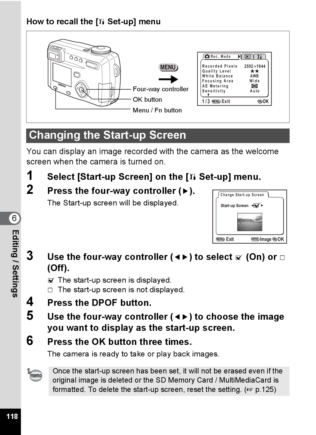 Pentax Optio 555 manual Changing the Start-up Screen, Select Start-up Screen on the B Set-up menu, Off, 118 