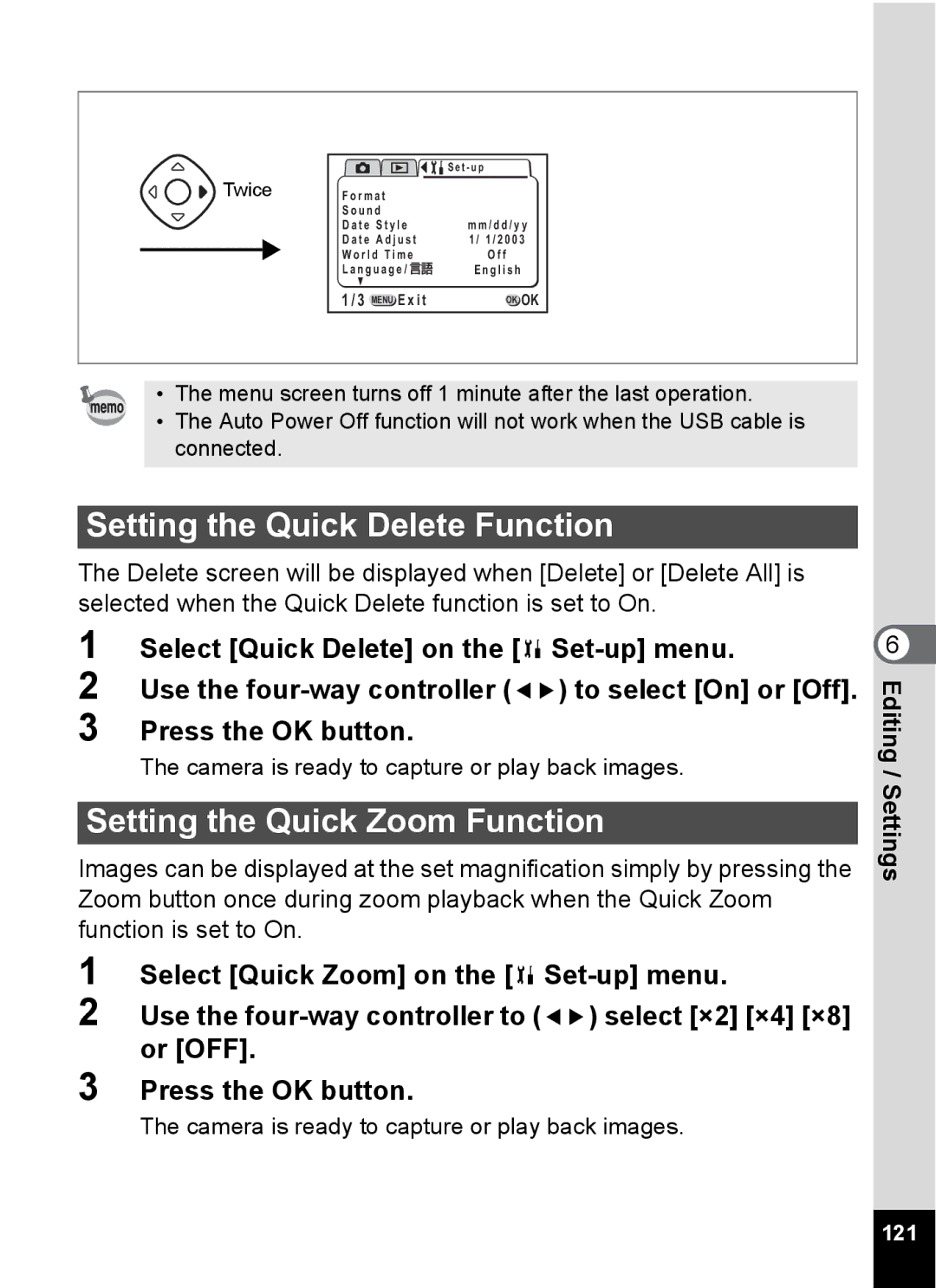 Pentax Optio 555 manual Setting the Quick Delete Function, Setting the Quick Zoom Function, 121 