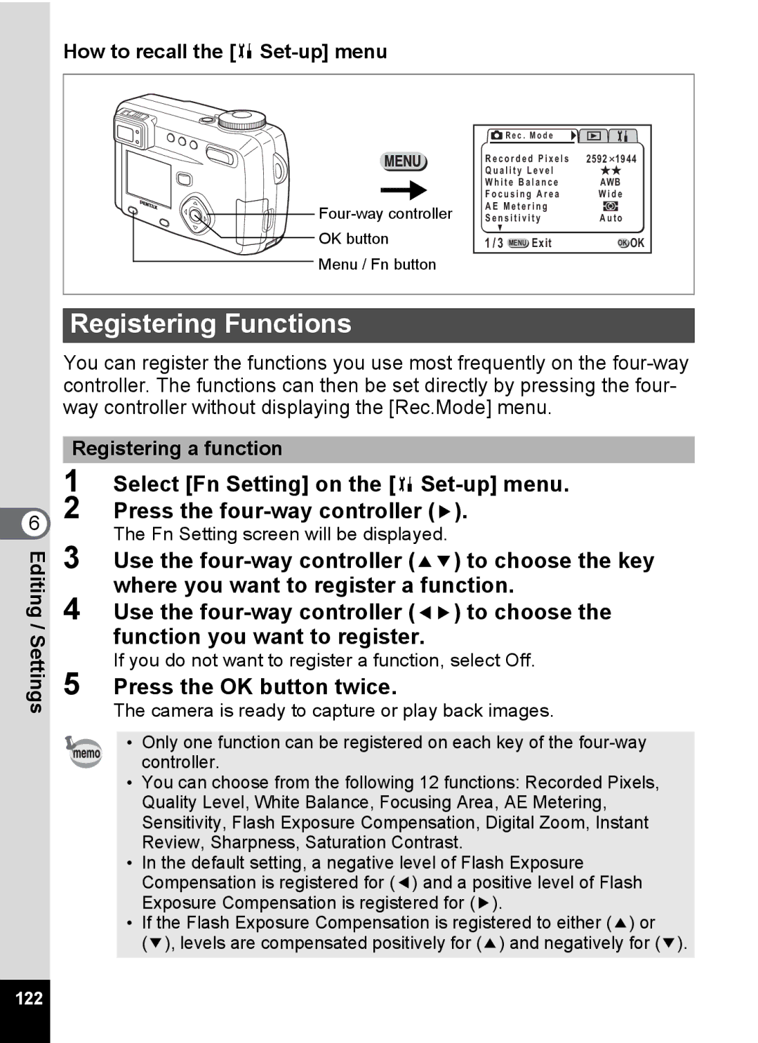 Pentax Optio 555 manual Registering Functions, Registering a function Editing, 122 