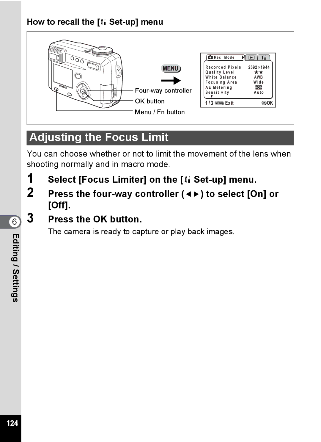 Pentax Optio 555 manual Adjusting the Focus Limit, 124 