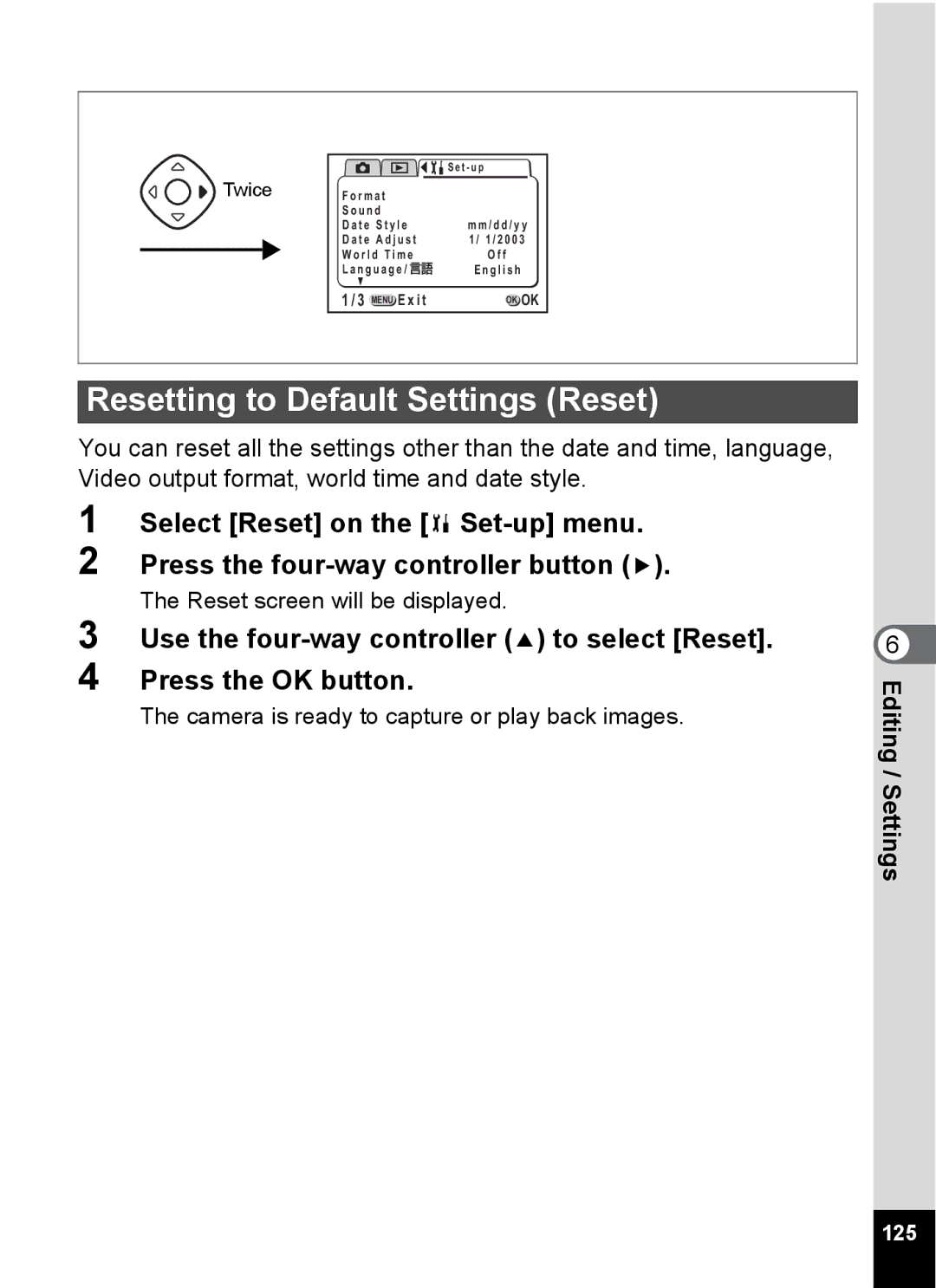 Pentax Optio 555 manual Resetting to Default Settings Reset, 125 