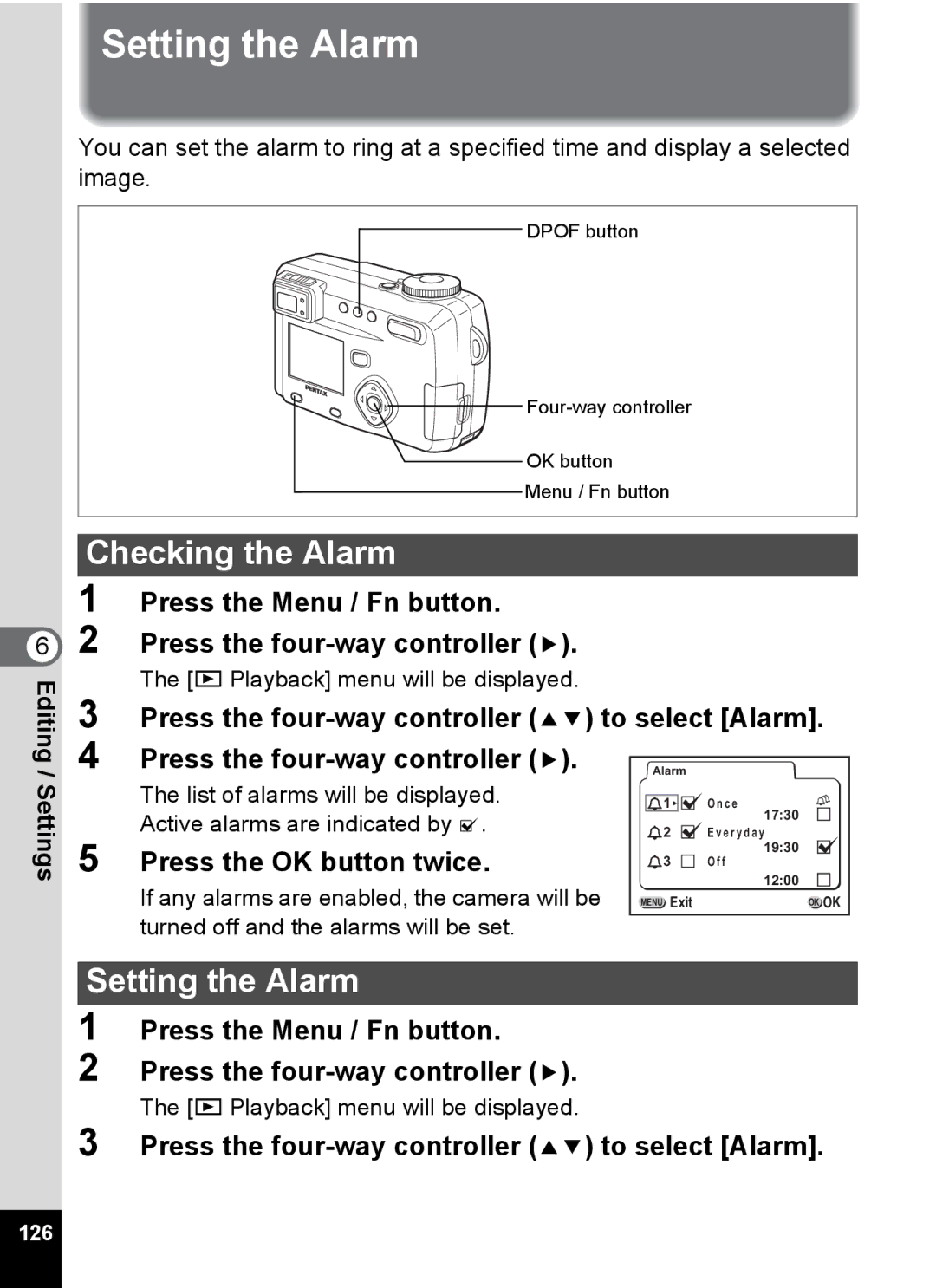 Pentax Optio 555 manual Setting the Alarm, Checking the Alarm, Press the four-way controller 23 to select Alarm, 126 