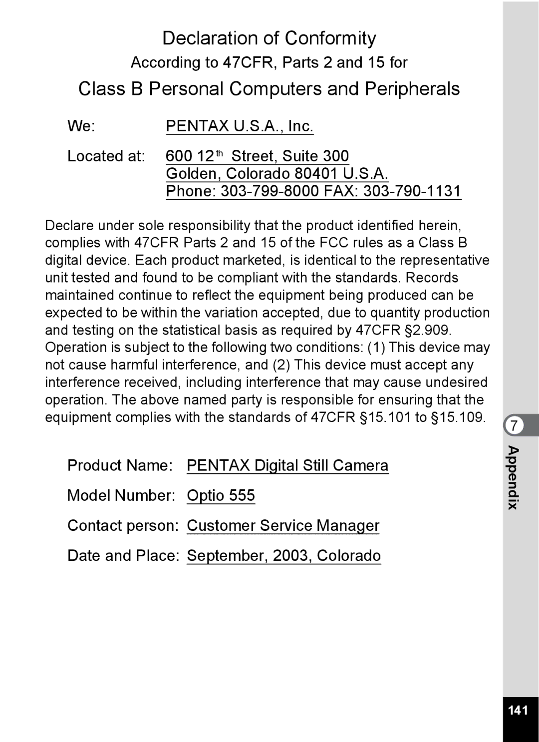 Pentax Optio 555 manual Class B Personal Computers and Peripherals, 141 