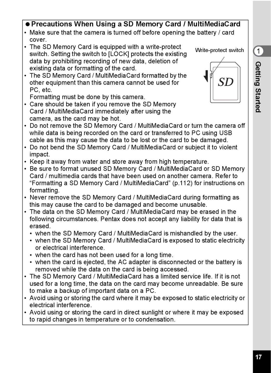 Pentax Optio 555 manual Precautions When Using a SD Memory Card / MultiMediaCard 