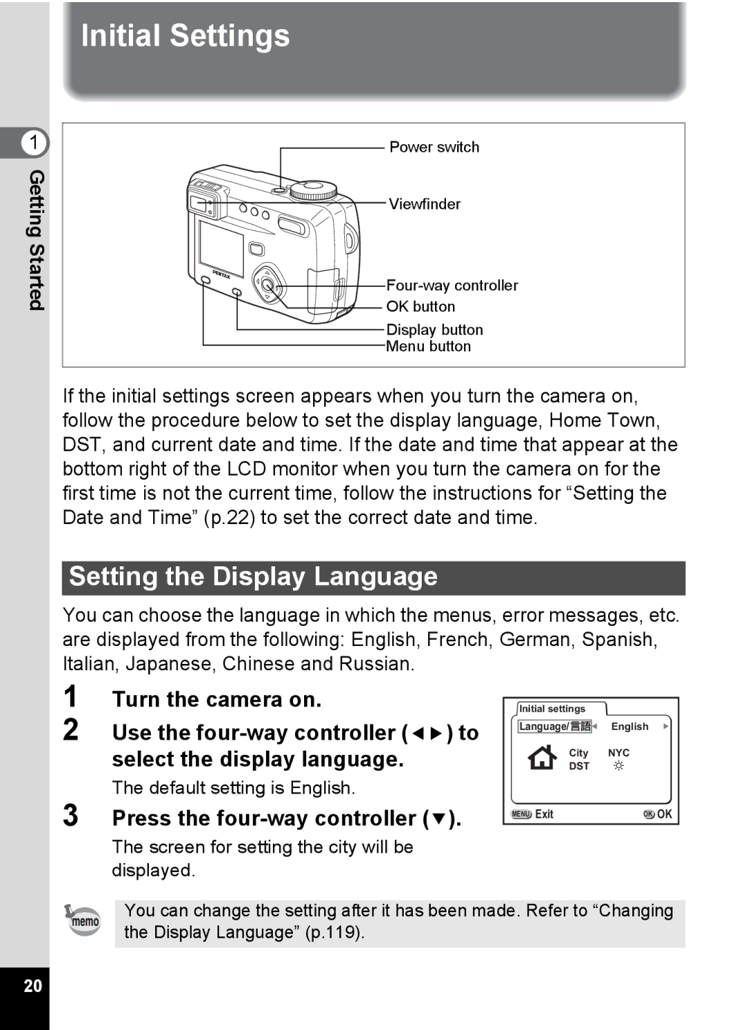 Pentax Optio 555 manual Initial Settings, Setting the Display Language, Press the four-way controller 