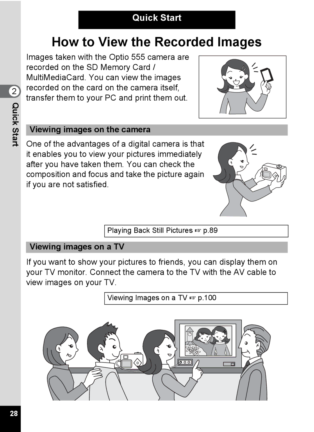 Pentax Optio 555 manual Quick Start Viewing images on the camera, Viewing images on a TV 