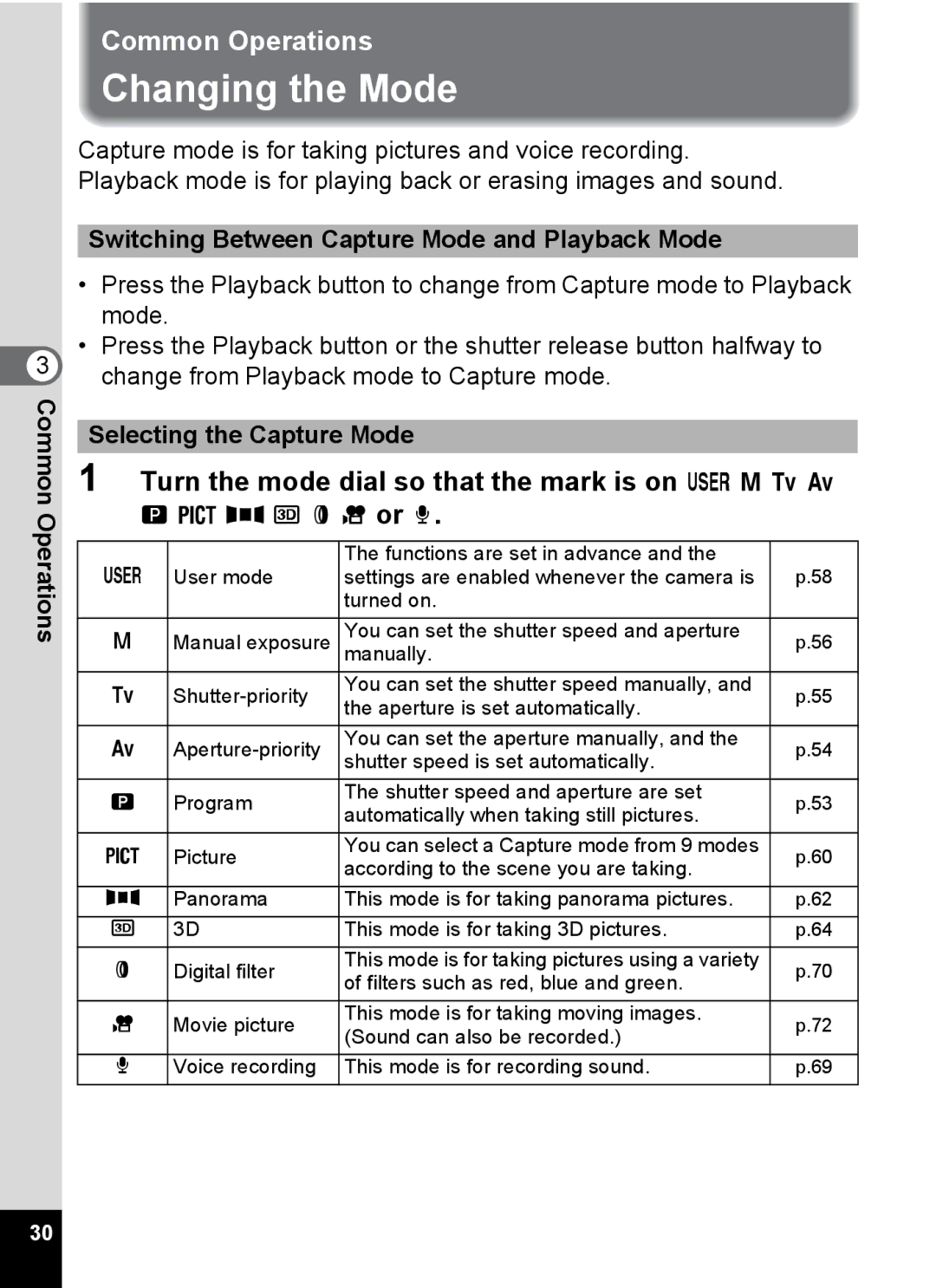 Pentax Optio 555 manual Changing the Mode, Switching Between Capture Mode and Playback Mode 