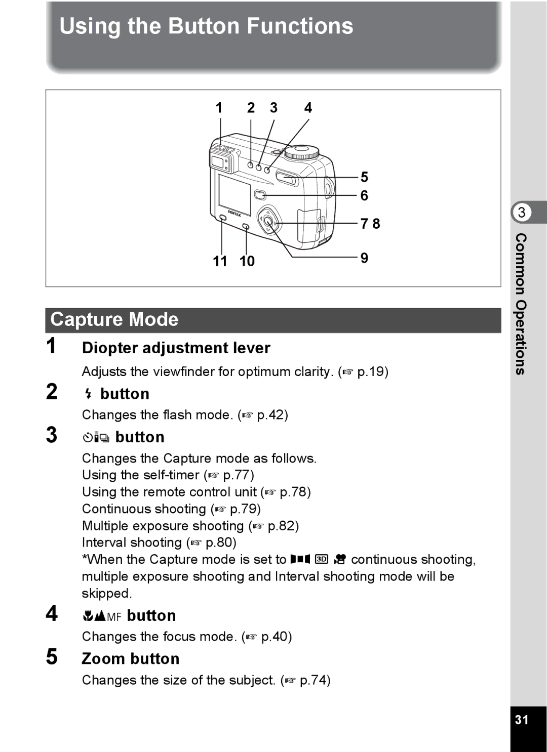 Pentax Optio 555 manual Using the Button Functions, Capture Mode, Diopter adjustment lever, Zoom button 