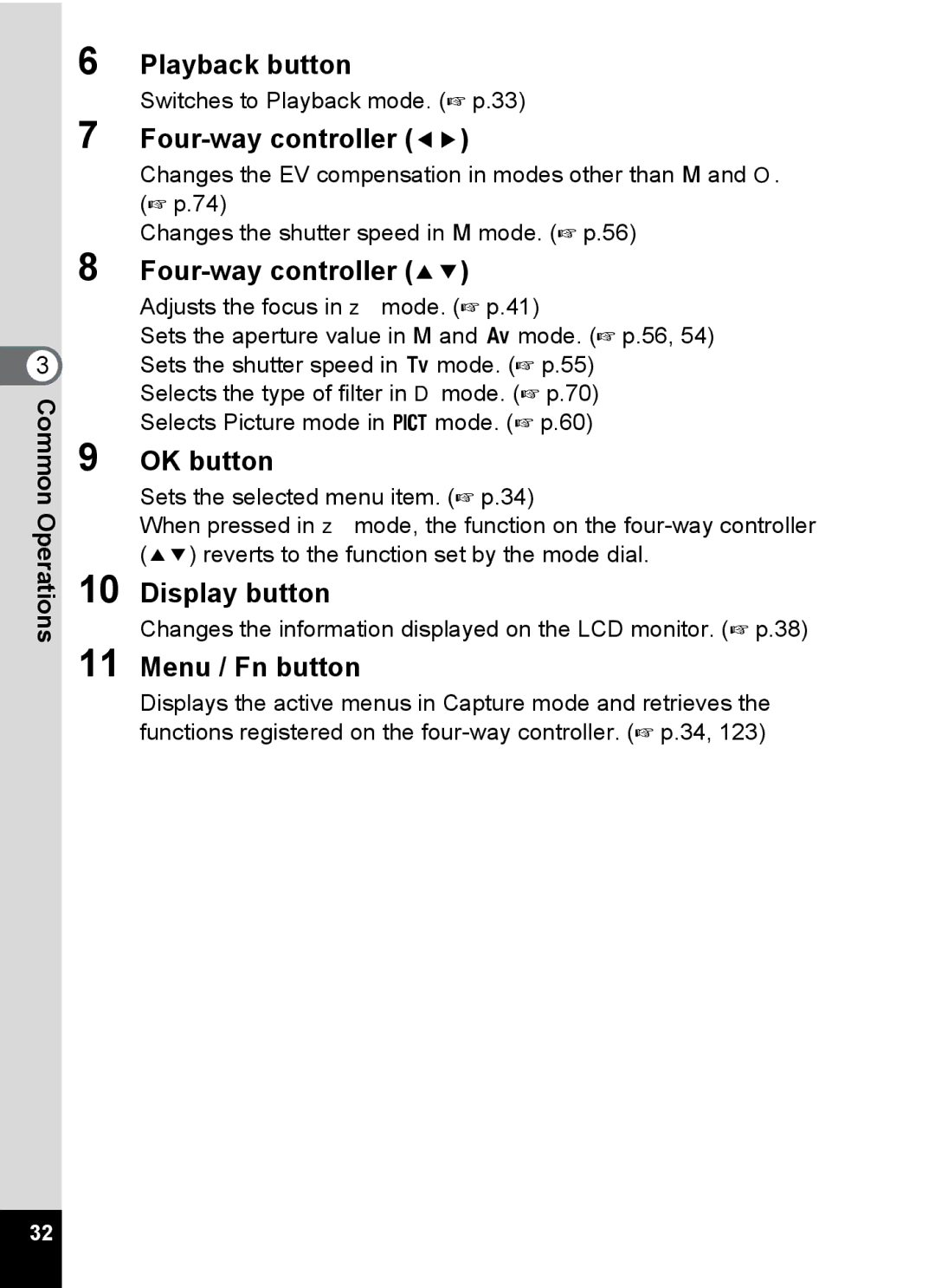 Pentax Optio 555 manual Playback button, Four-way controller, OK button, Display button, Menu / Fn button 