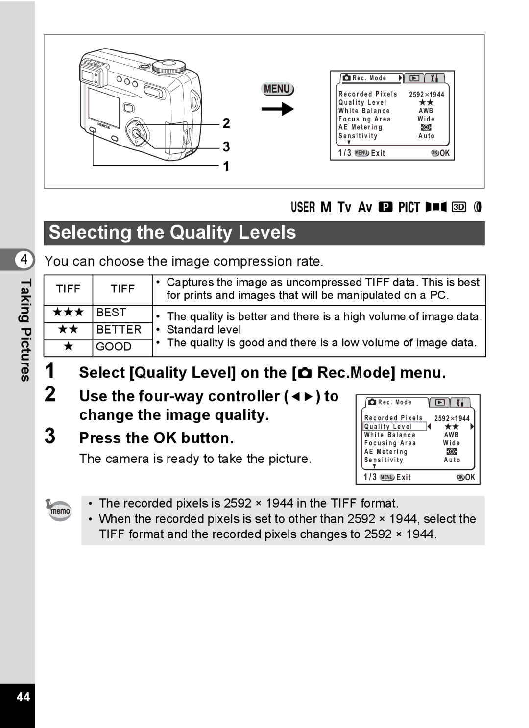 Pentax Optio 555 manual Selecting the Quality Levels, Select Quality Level on the a Rec.Mode menu, Change the image quality 