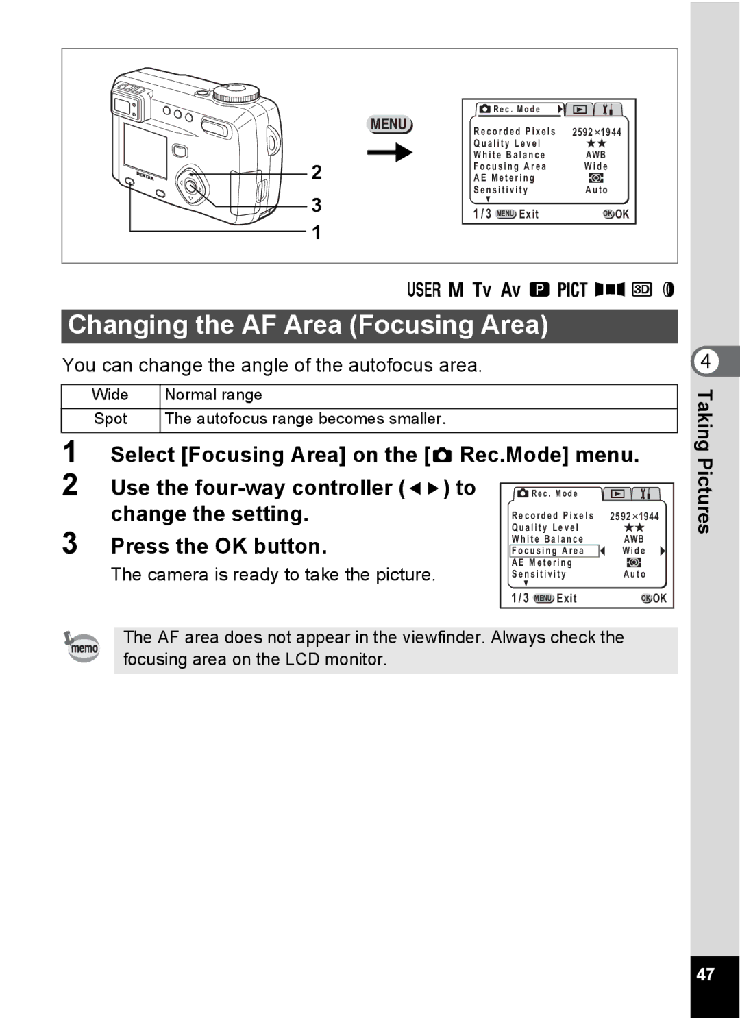 Pentax Optio 555 manual Changing the AF Area Focusing Area, Select Focusing Area on the a Rec.Mode menu, Change the setting 