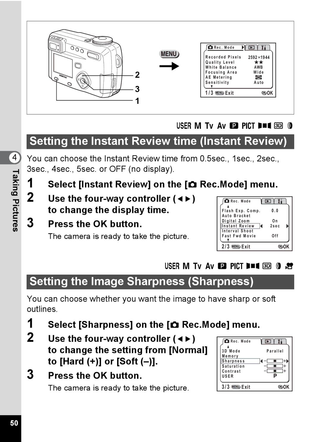 Pentax Optio 555 manual Setting the Instant Review time Instant Review, Setting the Image Sharpness Sharpness 