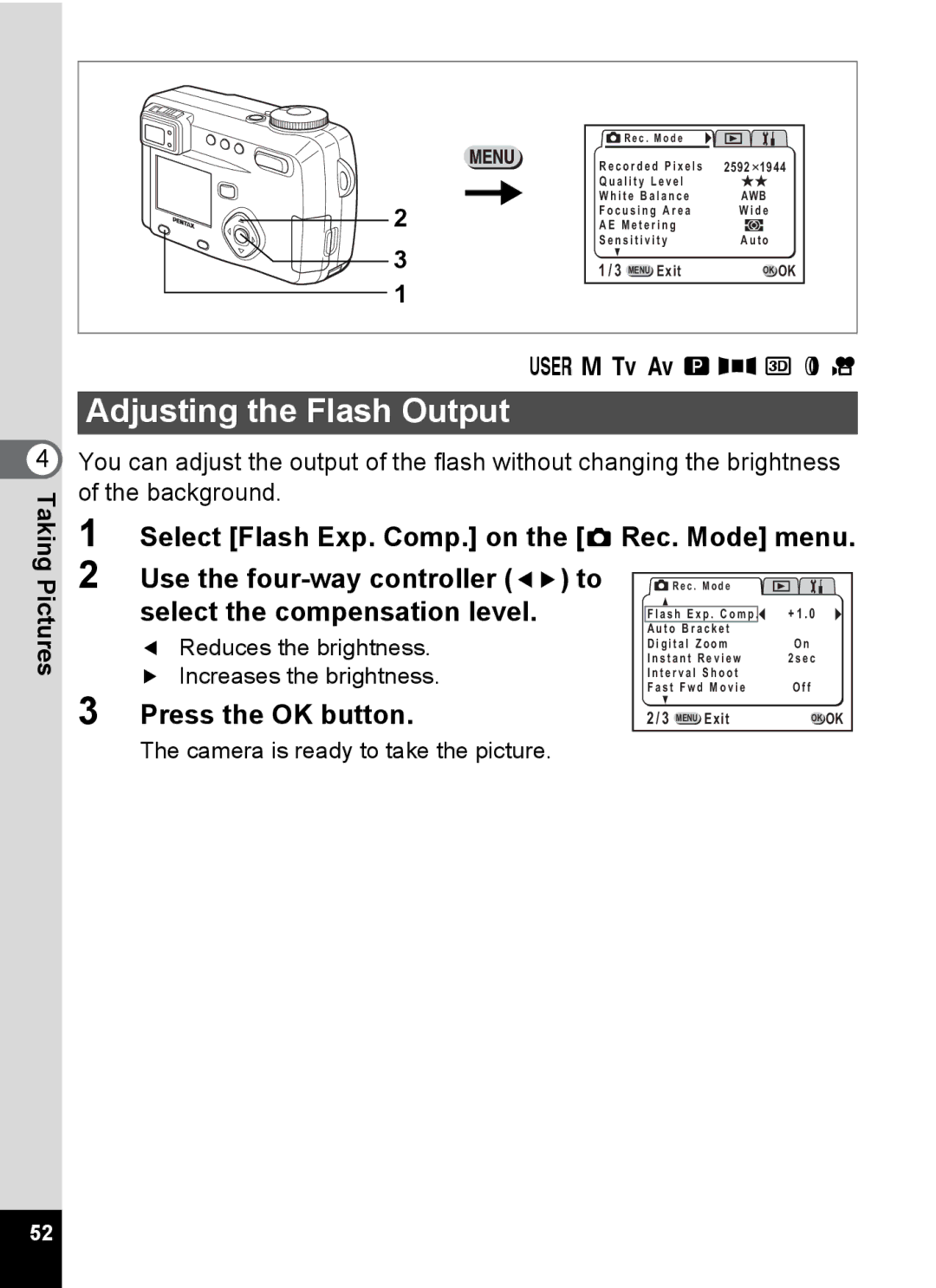 Pentax Optio 555 manual Adjusting the Flash Output, Select Flash Exp. Comp. on the a Rec. Mode menu, Reduces the brightness 