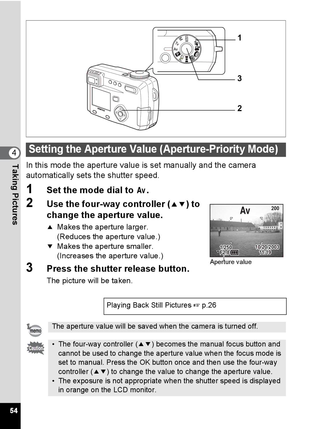 Pentax Optio 555 manual Setting the Aperture Value Aperture-Priority Mode, Pictures 