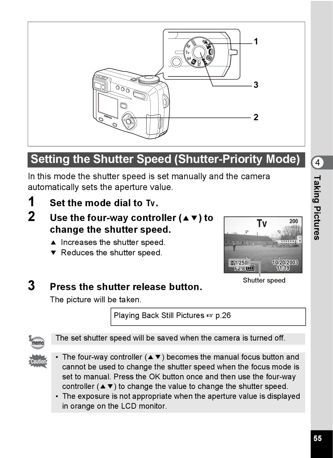 Pentax Optio 555 manual Setting the Shutter Speed Shutter-Priority Mode 