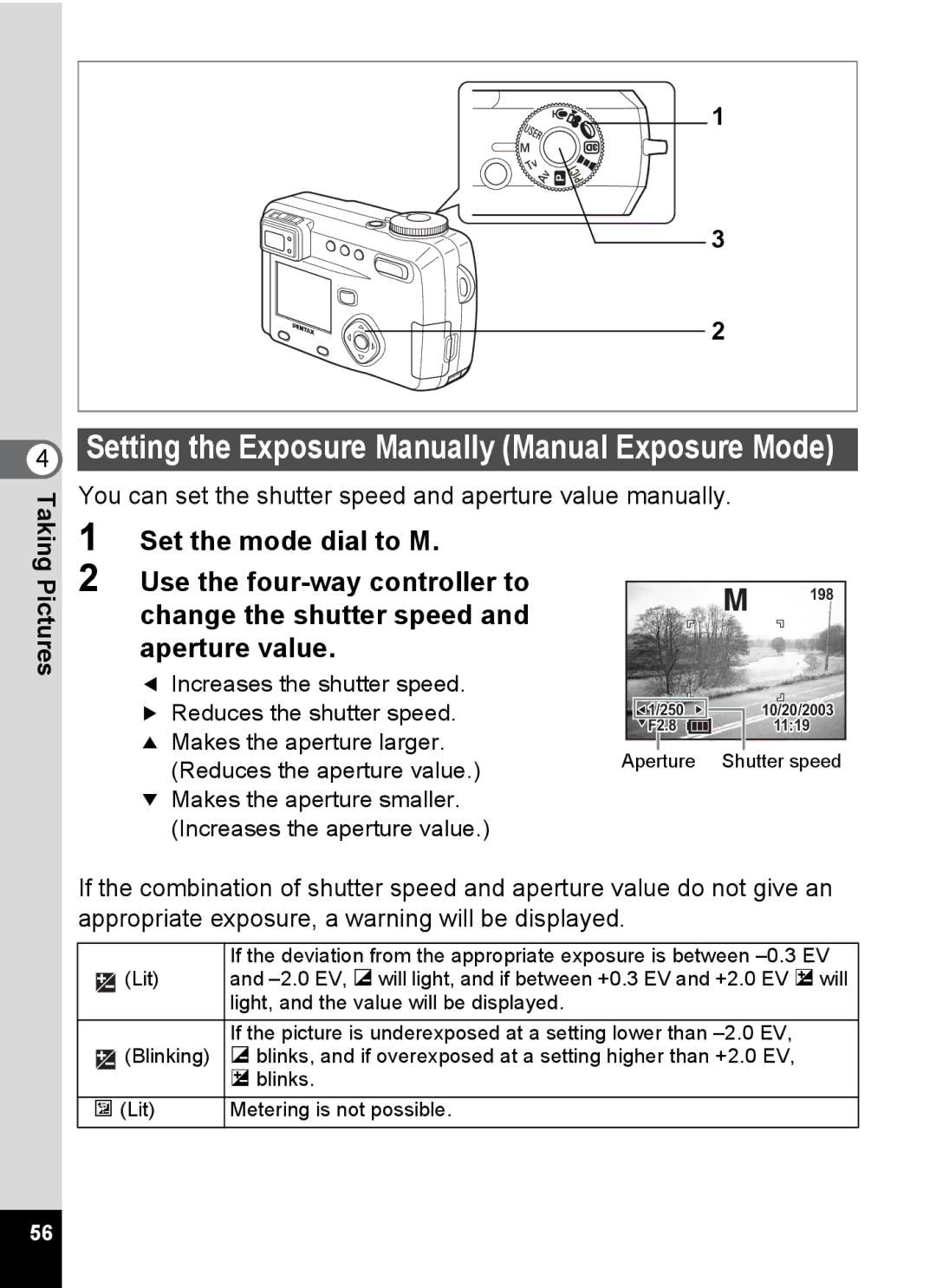 Pentax Optio 555 manual Setting the Exposure Manually Manual Exposure Mode 