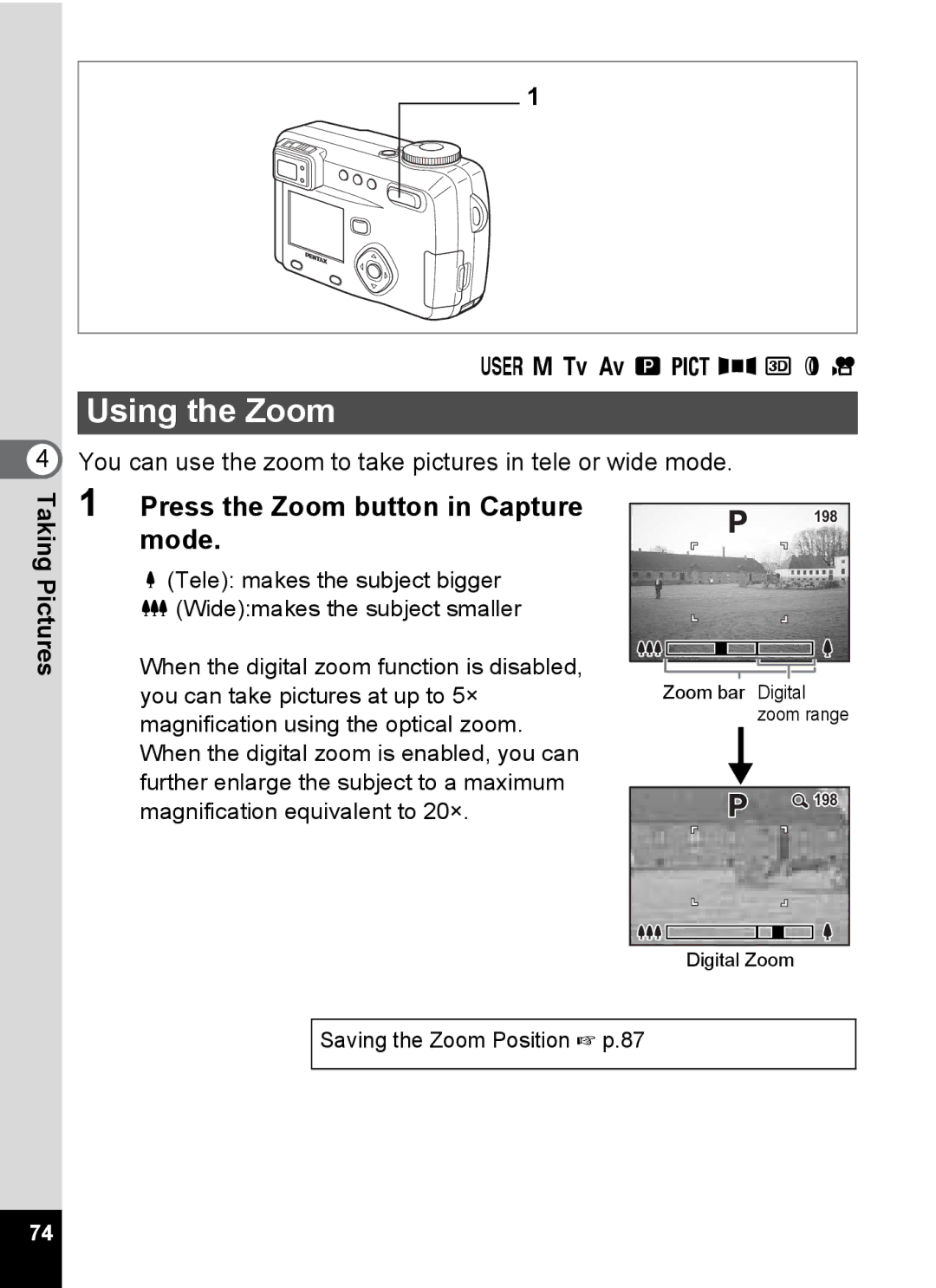 Pentax Optio 555 manual Using the Zoom, Press the Zoom button in Capture mode 