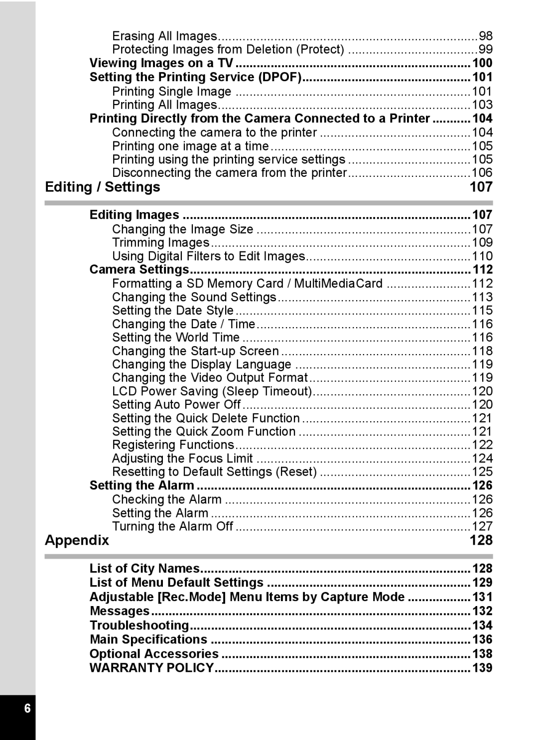 Pentax Optio 555 manual Editing / Settings, Appendix 