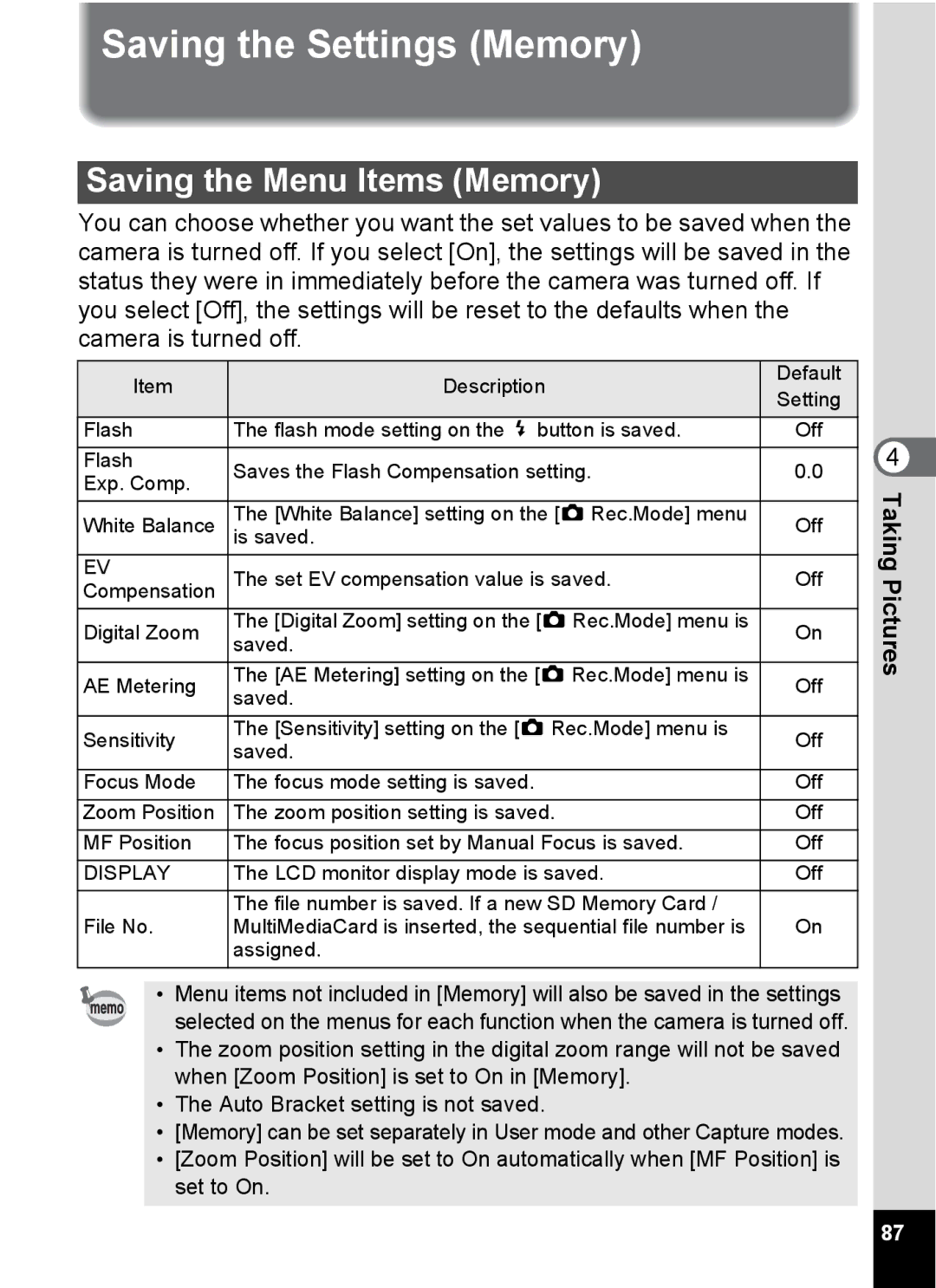 Pentax Optio 555 manual Saving the Settings Memory, Saving the Menu Items Memory 