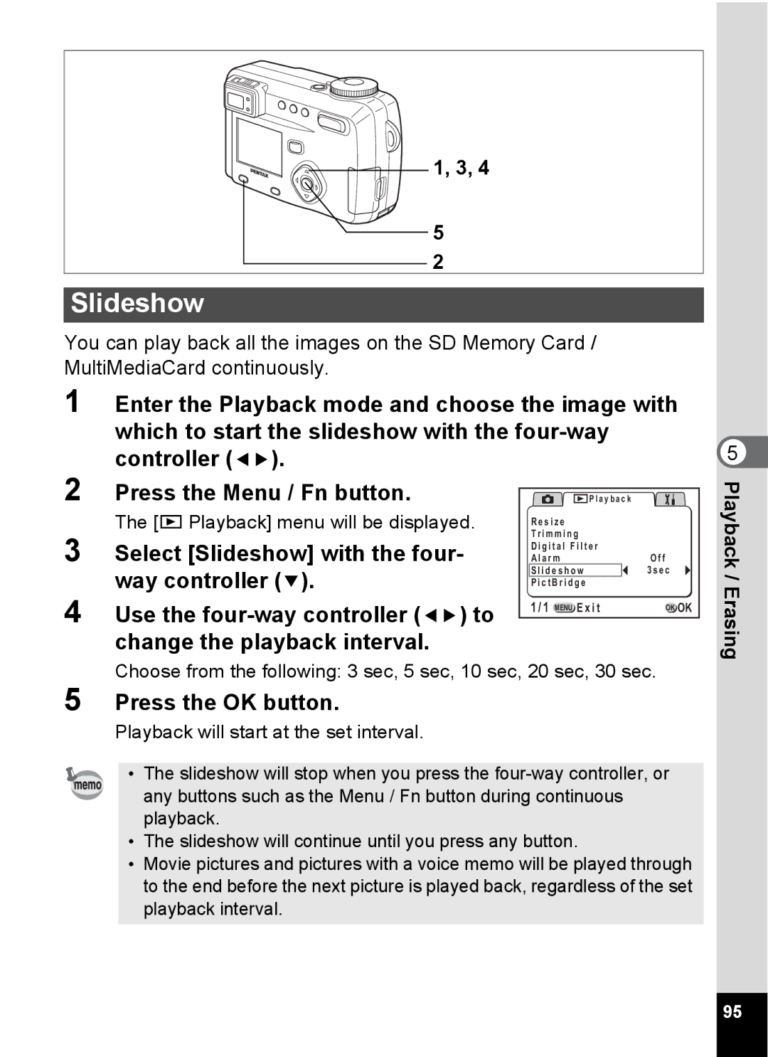 Pentax Optio 555 manual Select Slideshow with the four, Change the playback interval, Q Playback menu will be displayed 