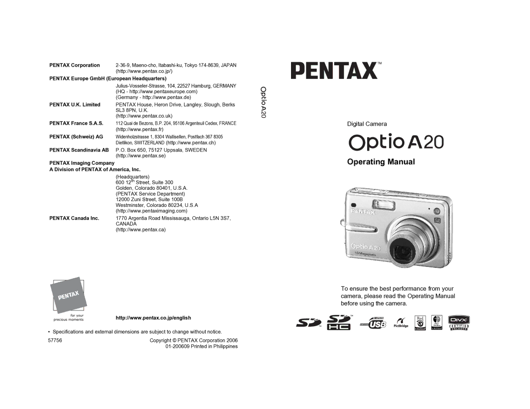 Pentax Optio A20 specifications Operating Manual 