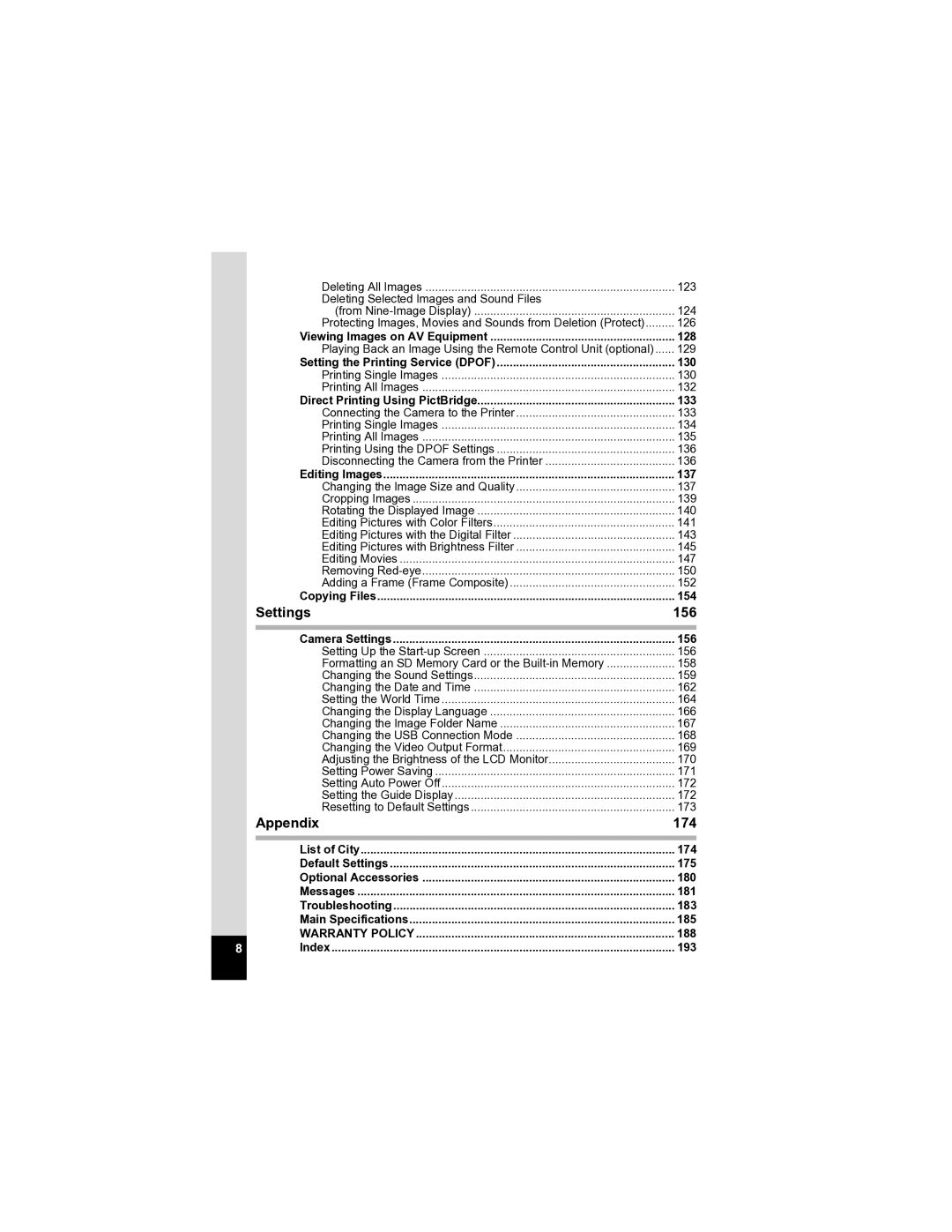 Pentax Optio A20 specifications Settings, Appendix 