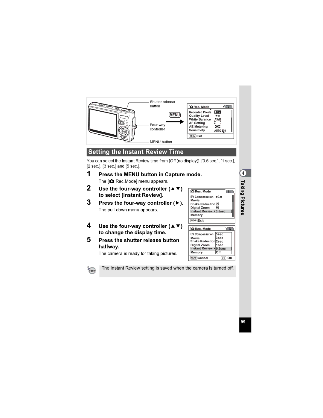 Pentax Optio A20 specifications Setting the Instant Review Time 