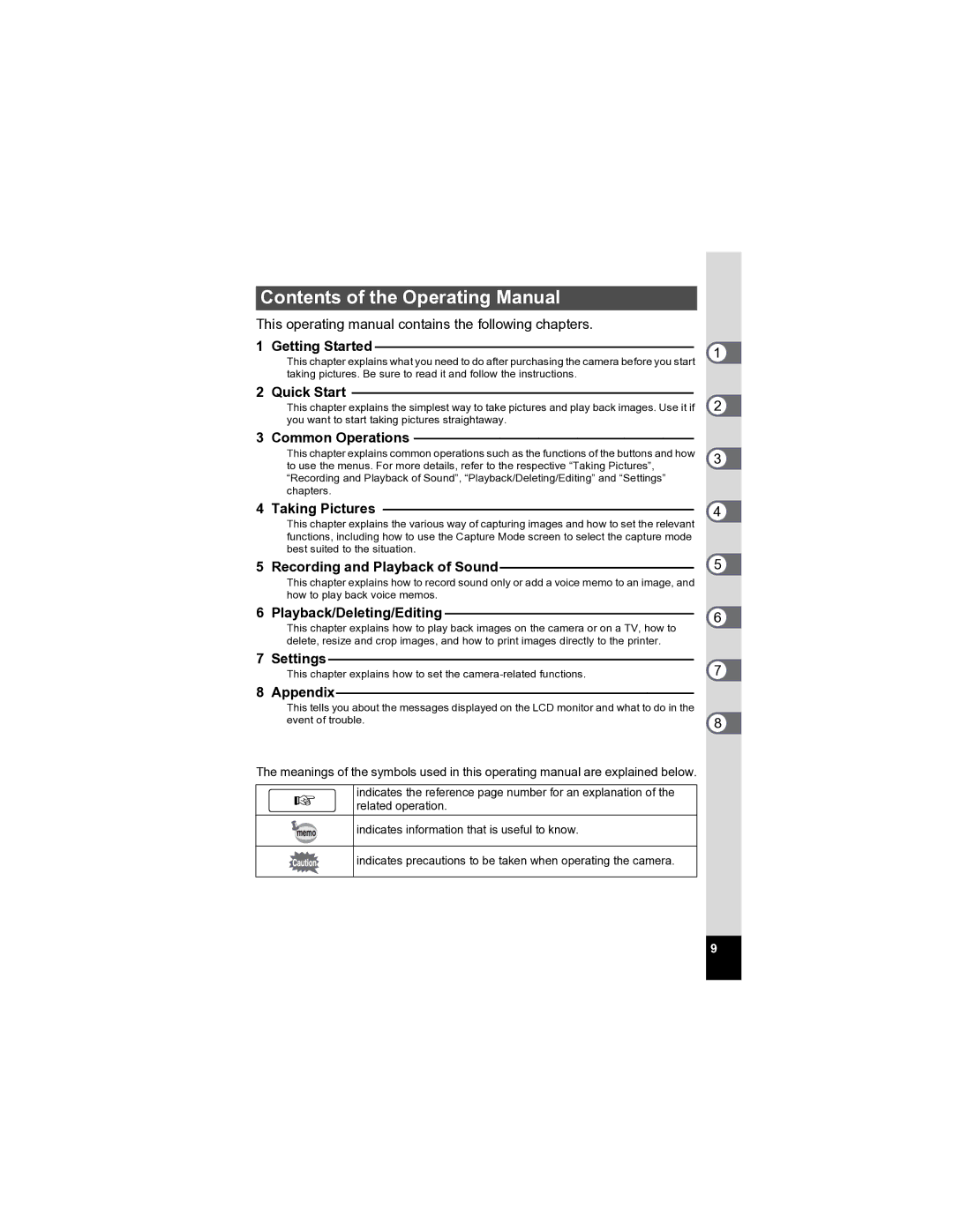 Pentax Optio A20 specifications Contents of the Operating Manual 