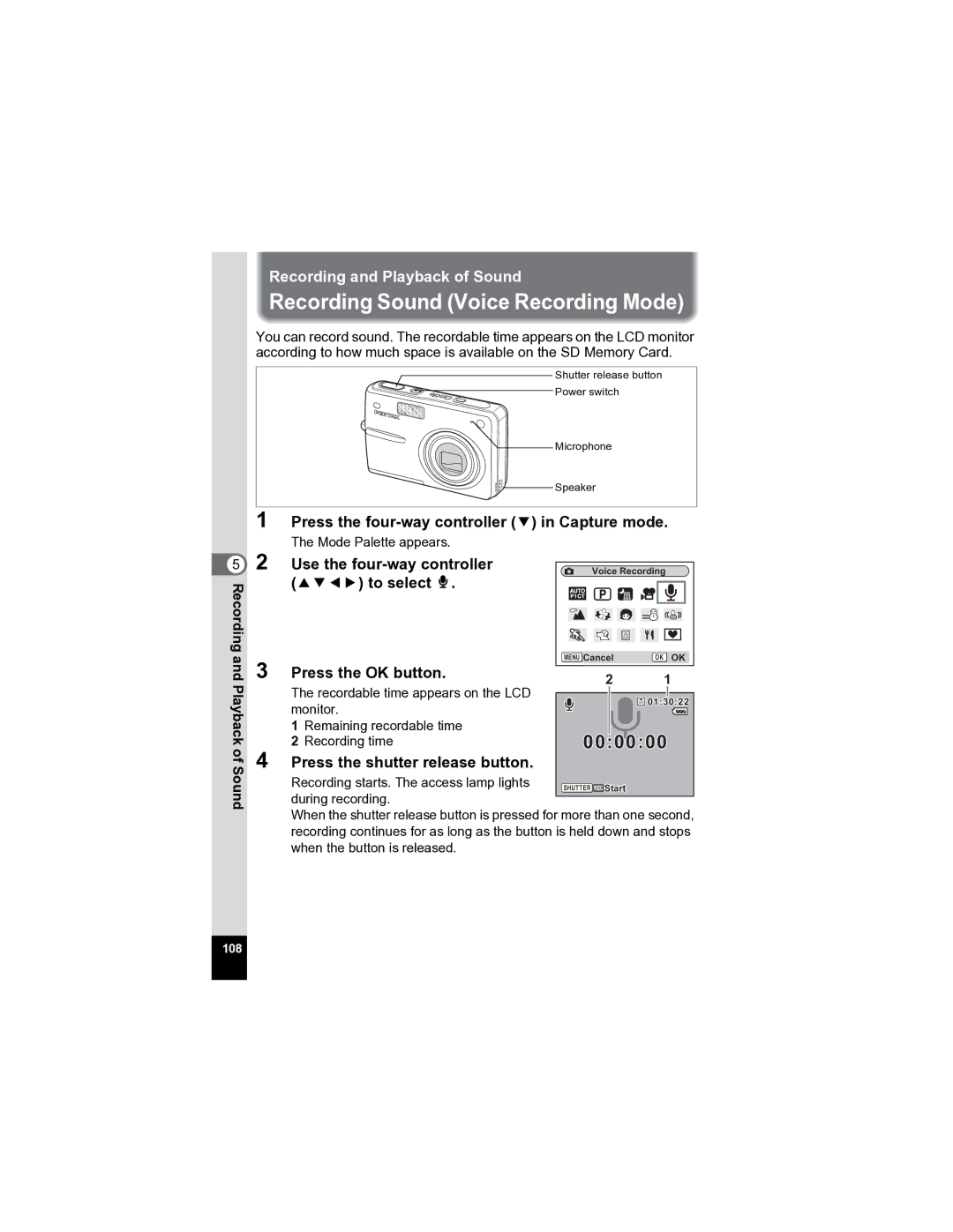 Pentax Optio A20 specifications Recording Sound Voice Recording Mode 