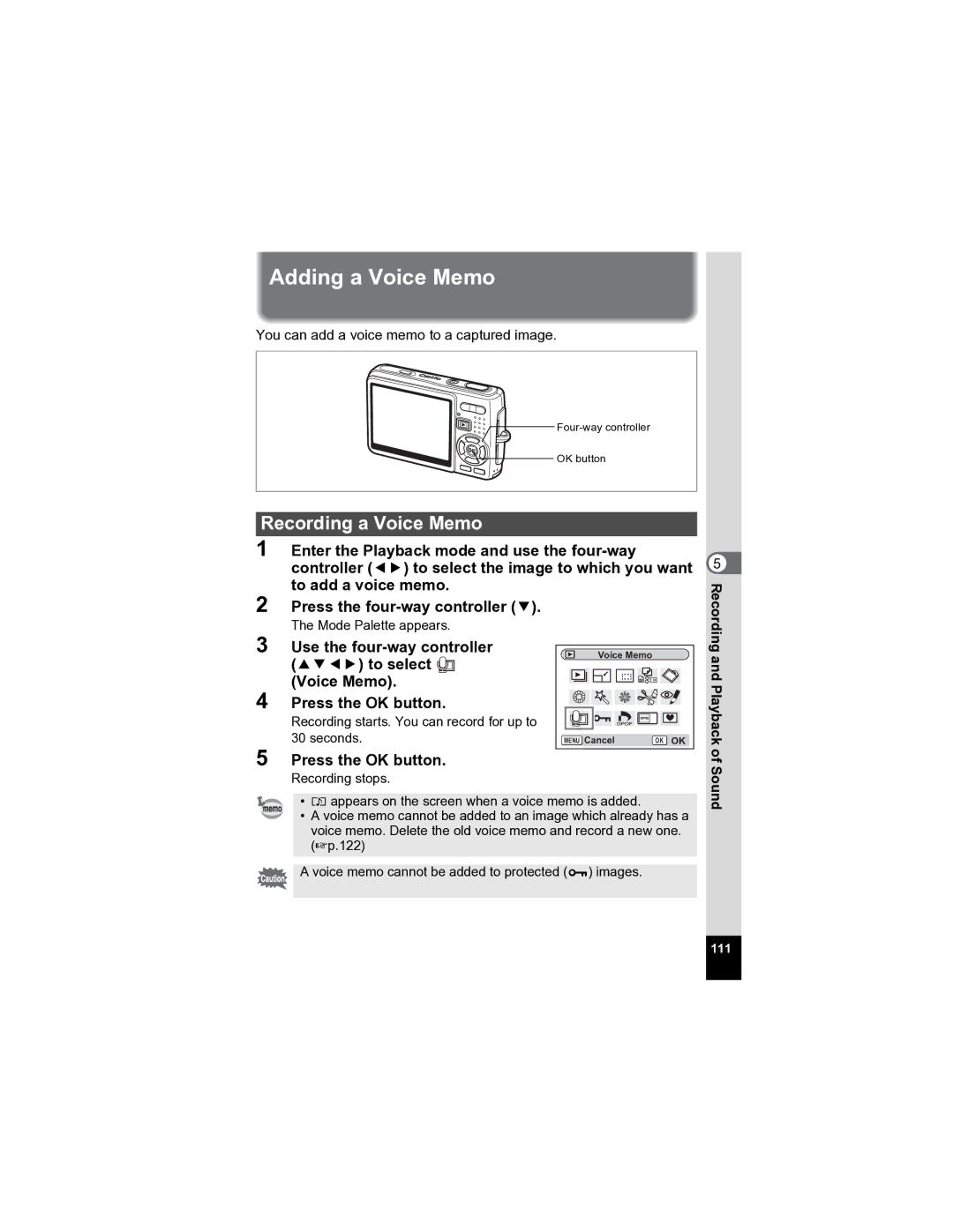 Pentax Optio A20 specifications Adding a Voice Memo, Recording a Voice Memo 