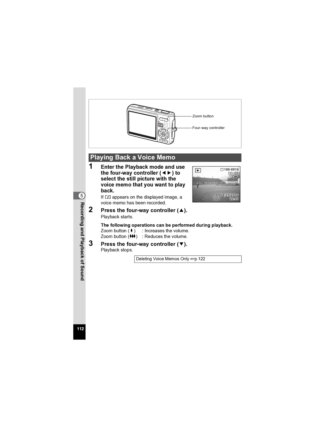 Pentax Optio A20 specifications Playing Back a Voice Memo 