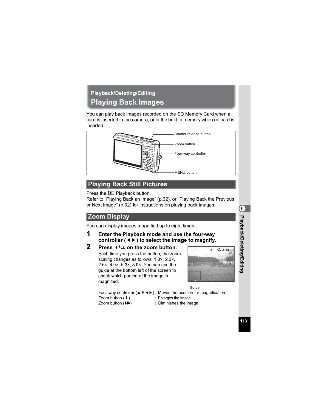 Pentax Optio A20 specifications Playing Back Images, Playing Back Still Pictures, Zoom Display 