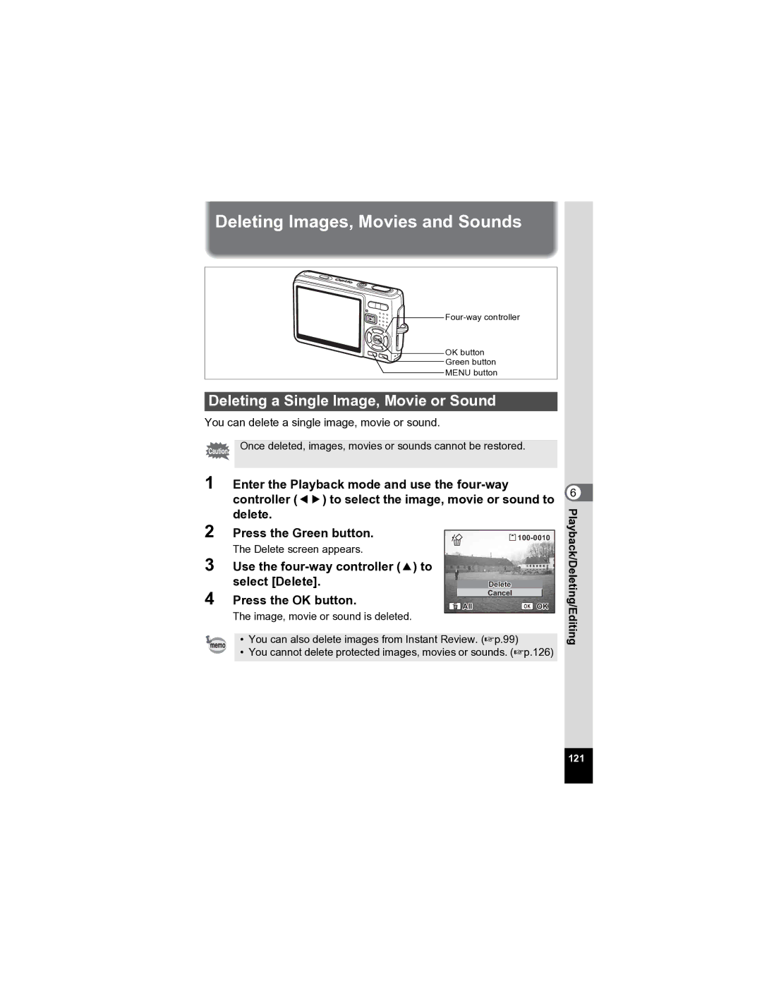 Pentax Optio A20 specifications Deleting Images, Movies and Sounds, Deleting a Single Image, Movie or Sound 