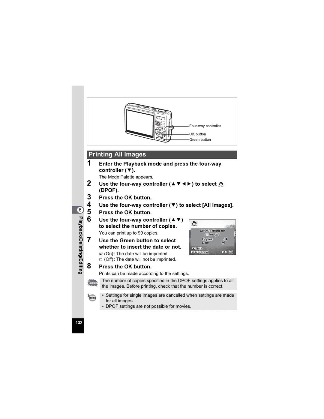 Pentax Optio A20 specifications Printing All Images, Enter the Playback mode and press the four-way controller 