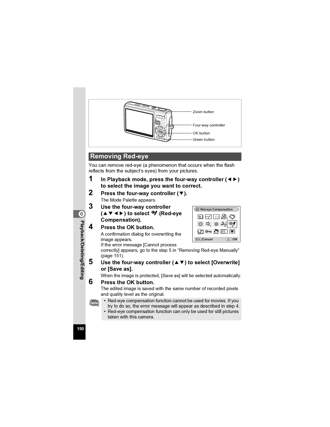 Pentax Optio A20 specifications Removing Red-eye, To select Z Red-eye Compensation Press the OK button 